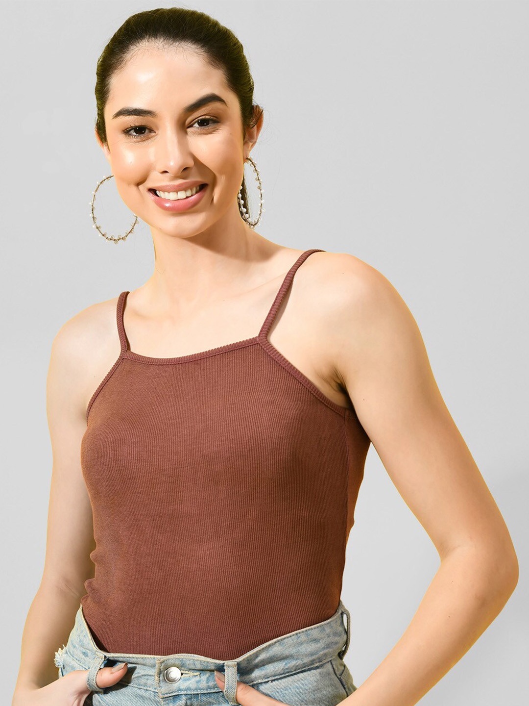 

CHARMGAL Shoulder Straps Ribbed Top, Brown