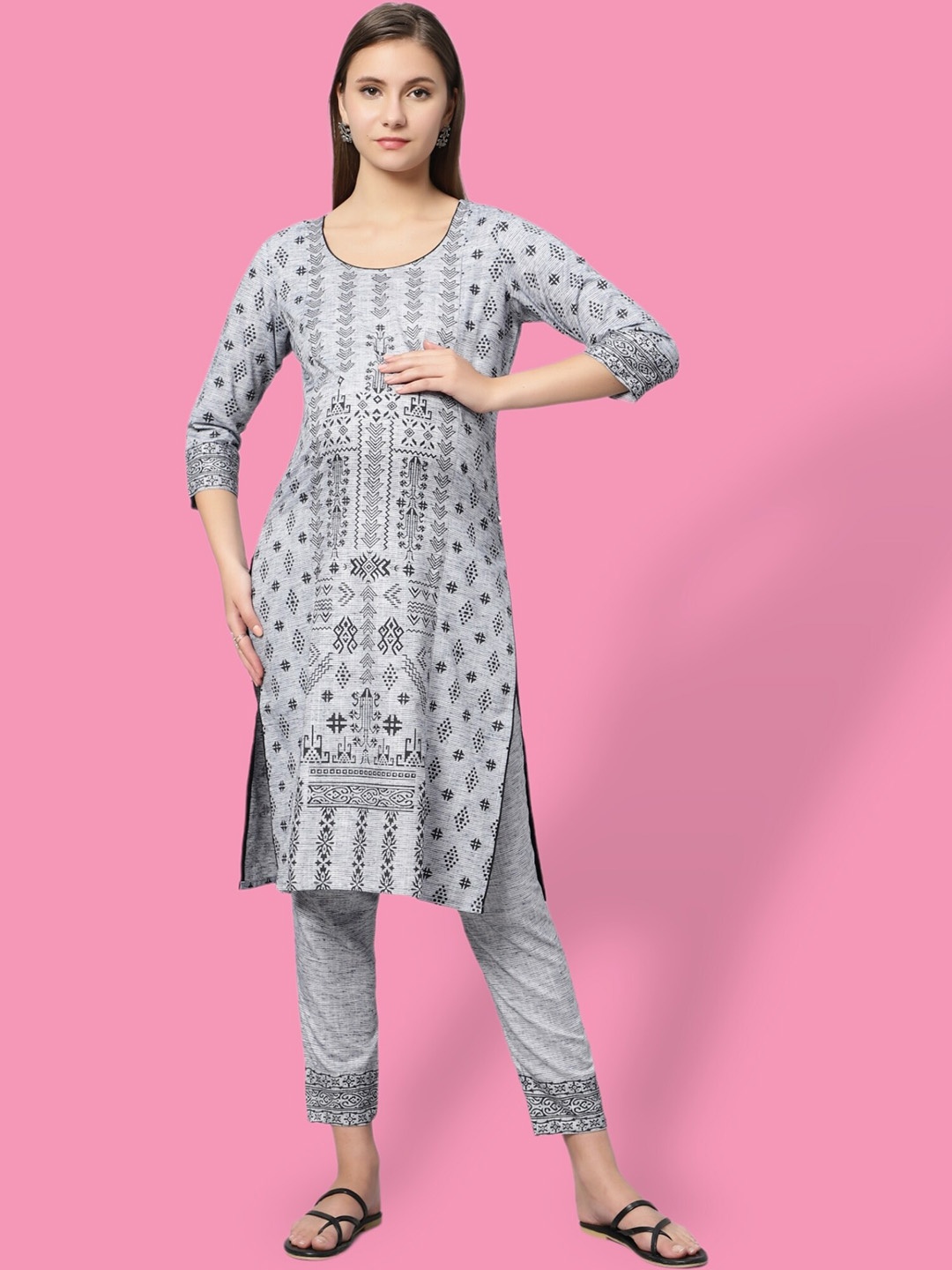 

True Shape Ethnic Motifs Printed Regular Maternity Kurta With Trousers, Grey