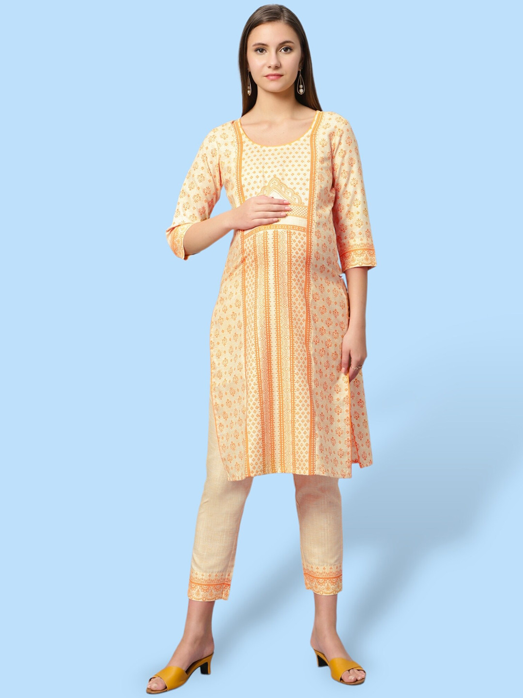 

True Shape Ethnic Motifs Printed Regular Maternity Kurta With Trousers, Yellow
