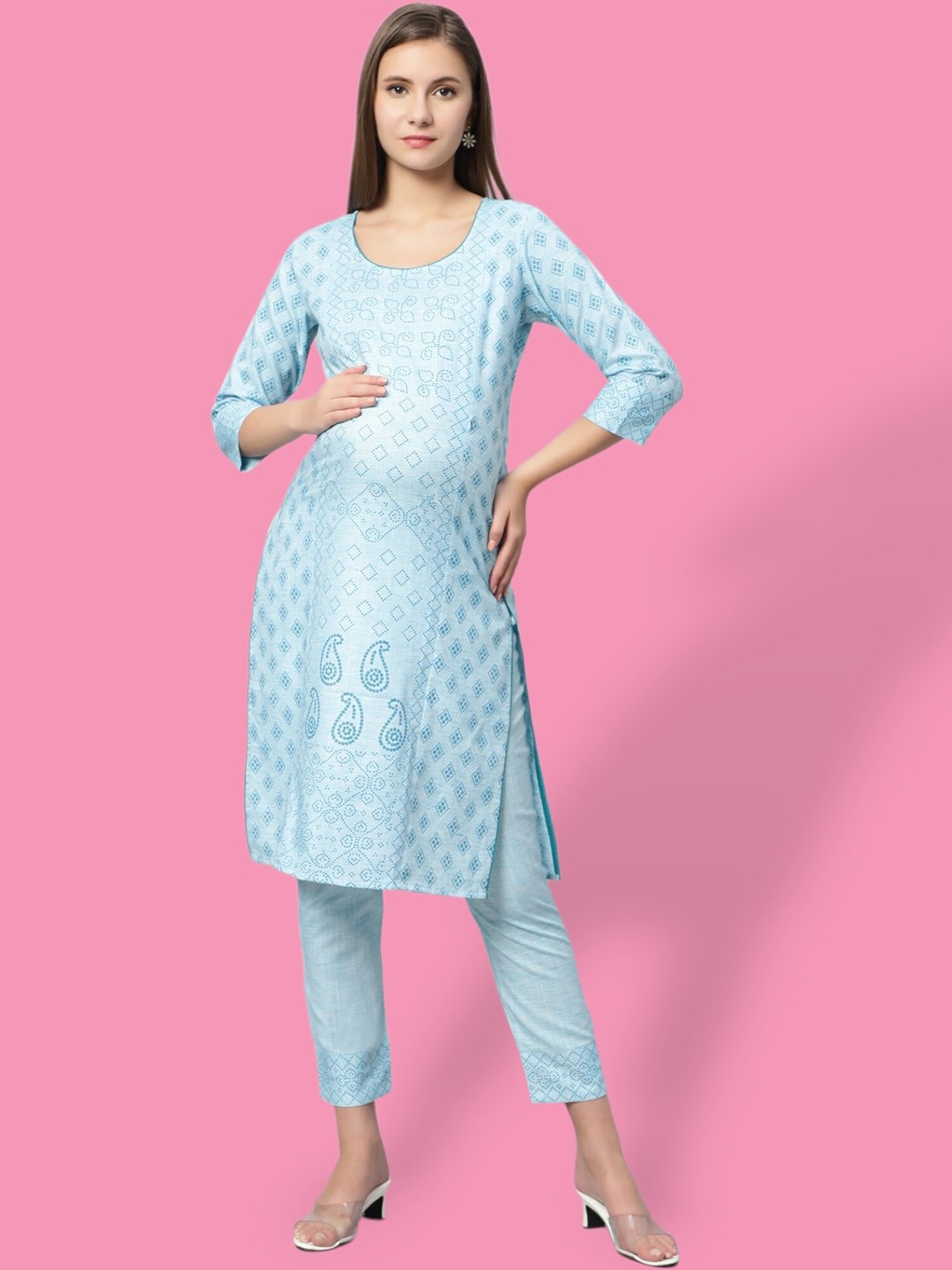 

True Shape Bandhani Printed Regular Maternity Kurta With Trousers, Blue