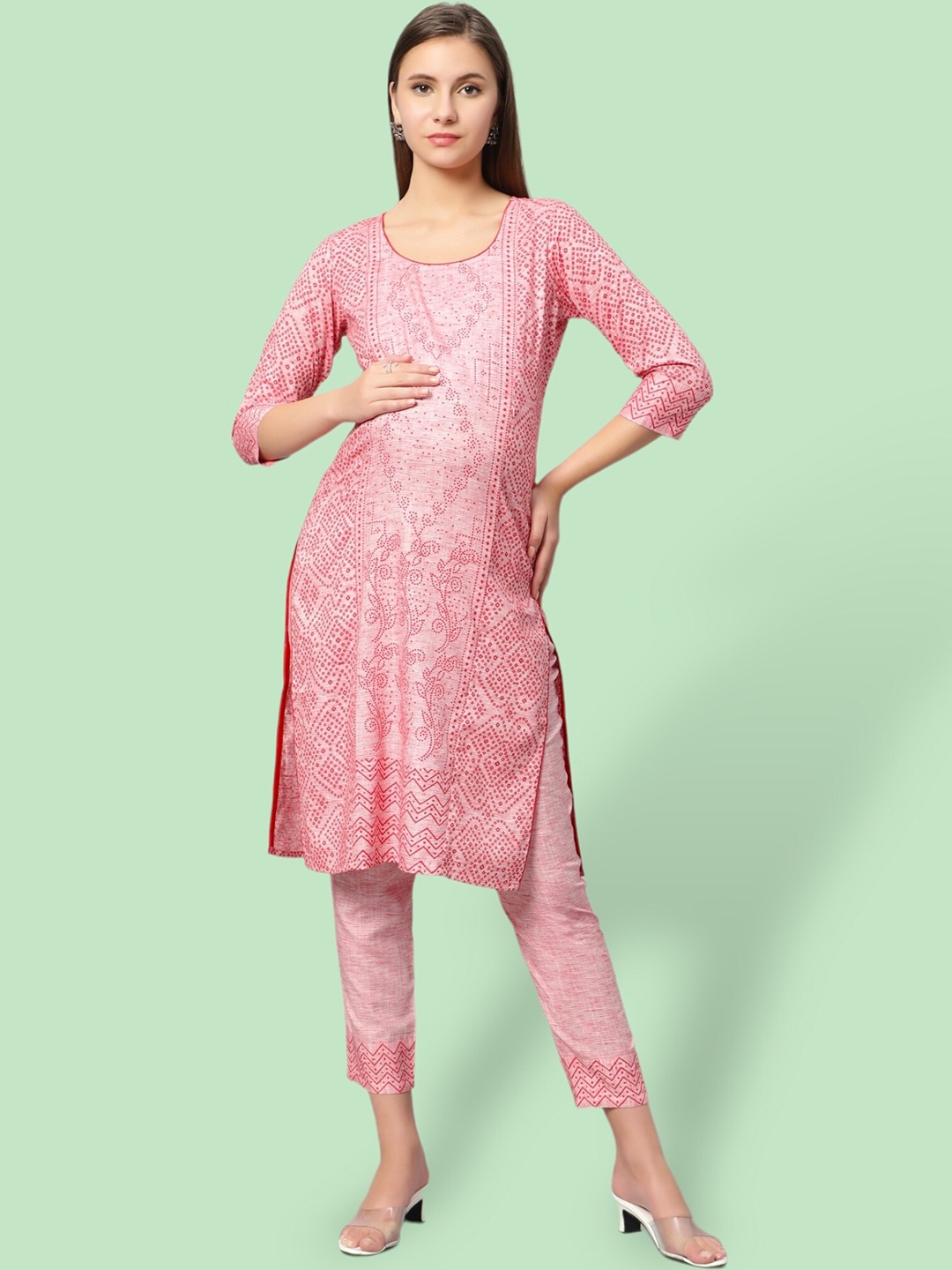 

True Shape Bandhani Printed Regular Maternity Kurta With Trousers, Red
