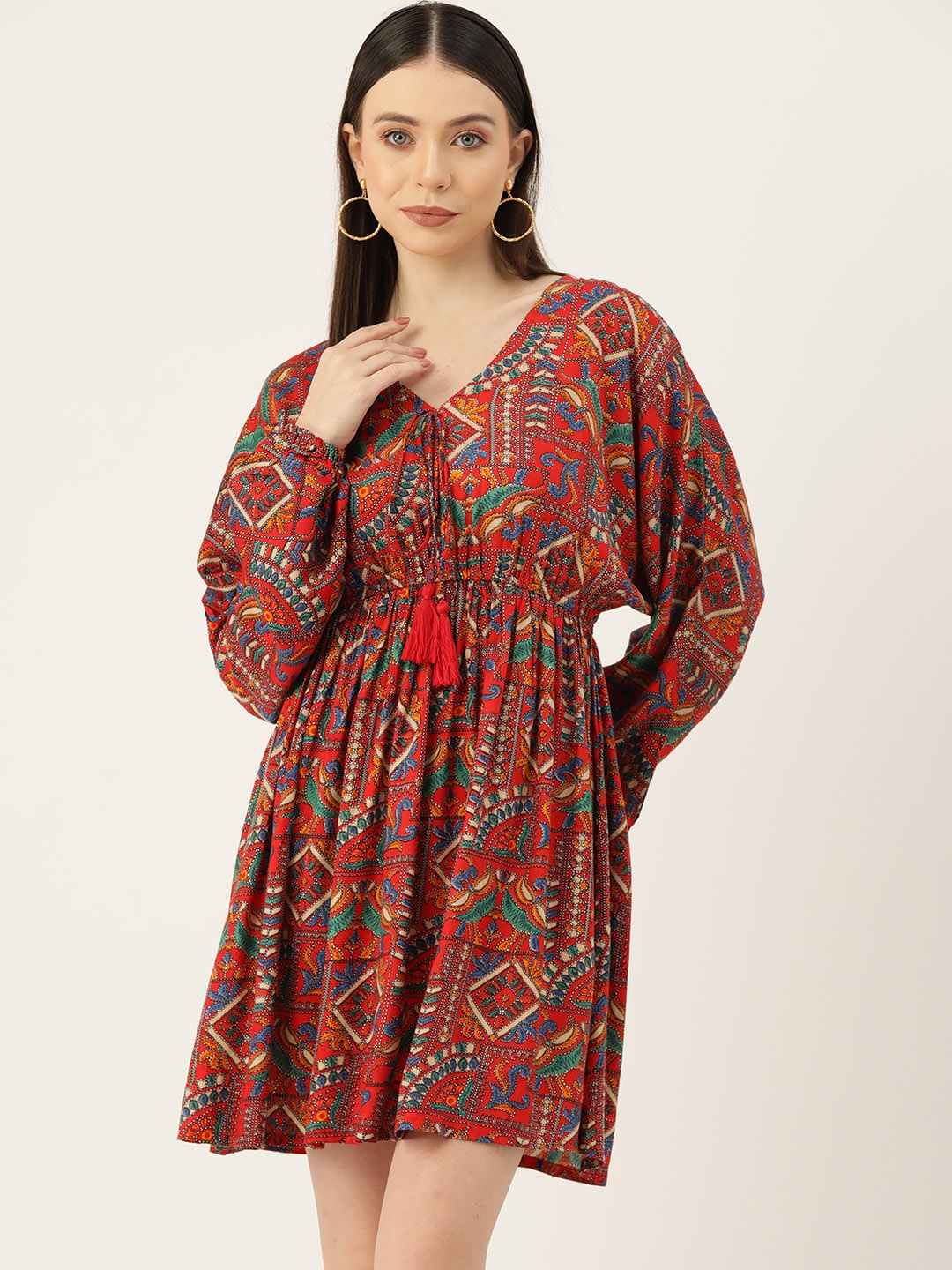 

InWeave Ethnic Motifs Print Puff Sleeve A-Line Dress, Maroon