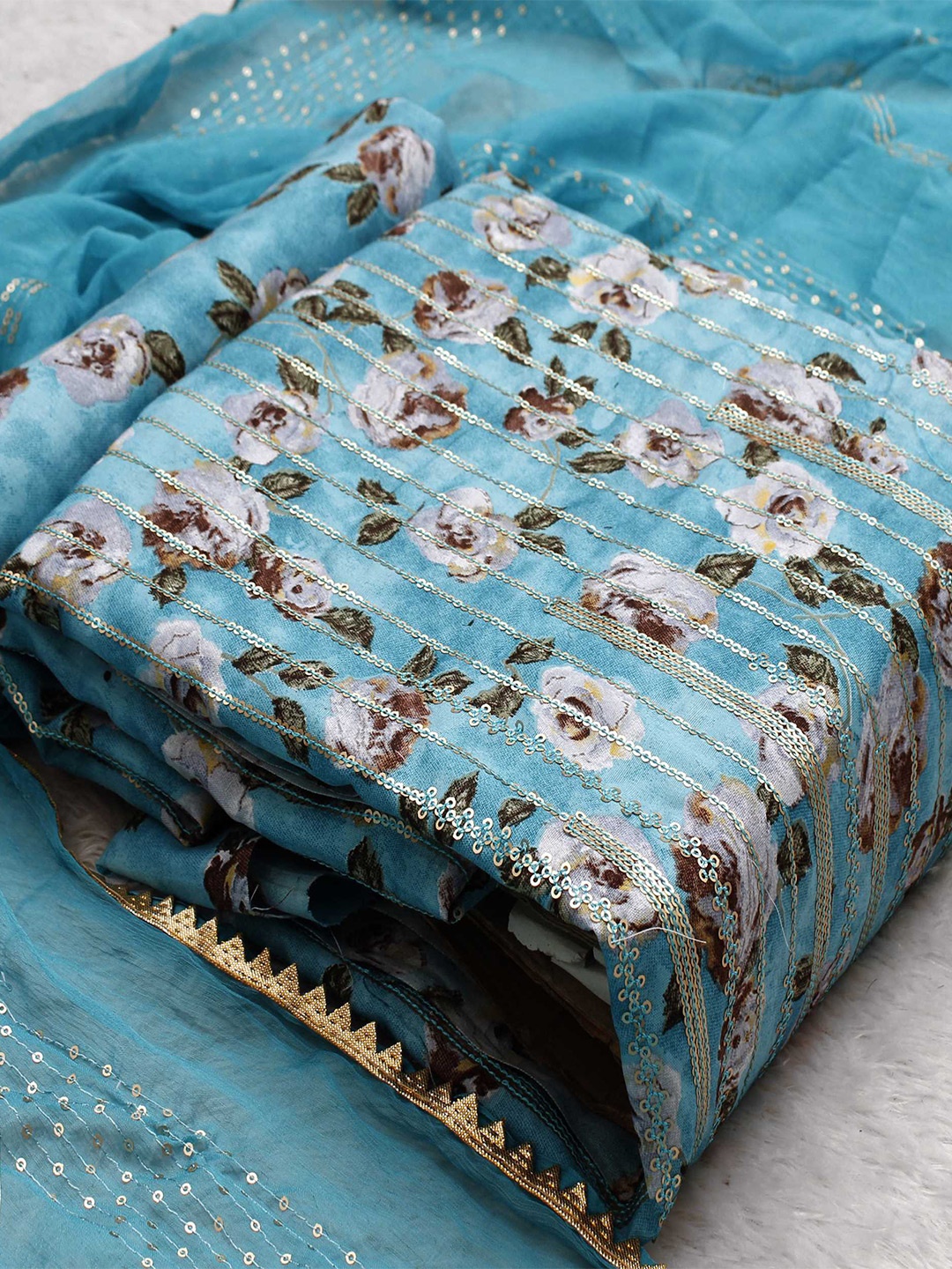 

KALINI Floral Printed Sequinned Unstitched Dress Material, Blue