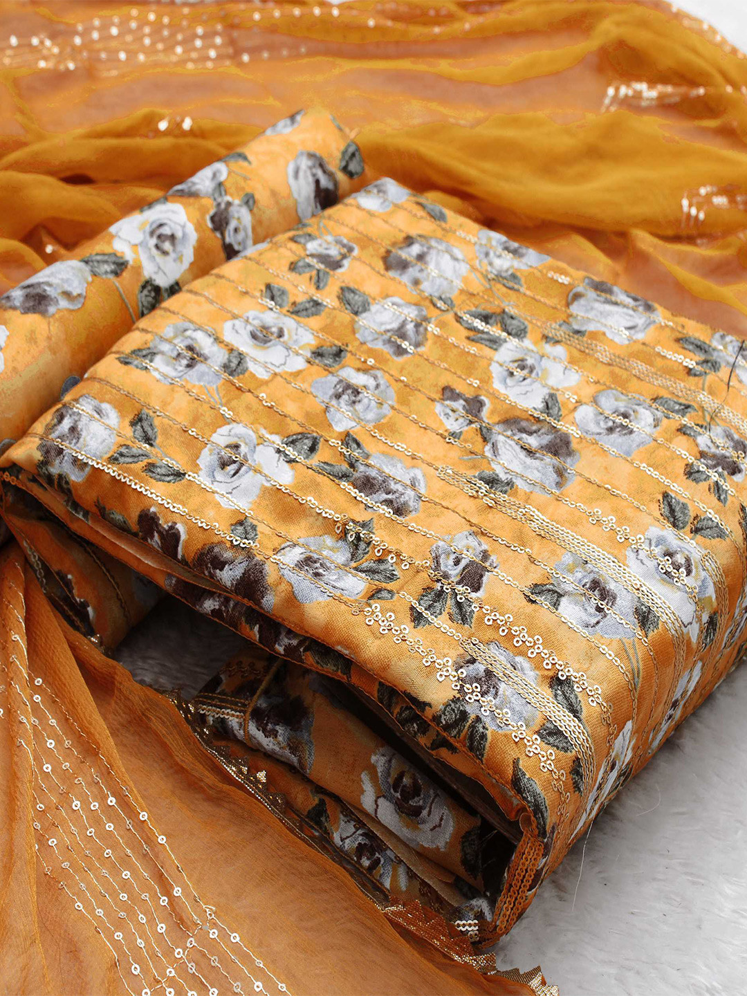 

KALINI Floral Printed Sequinned Unstitched Dress Material, Orange