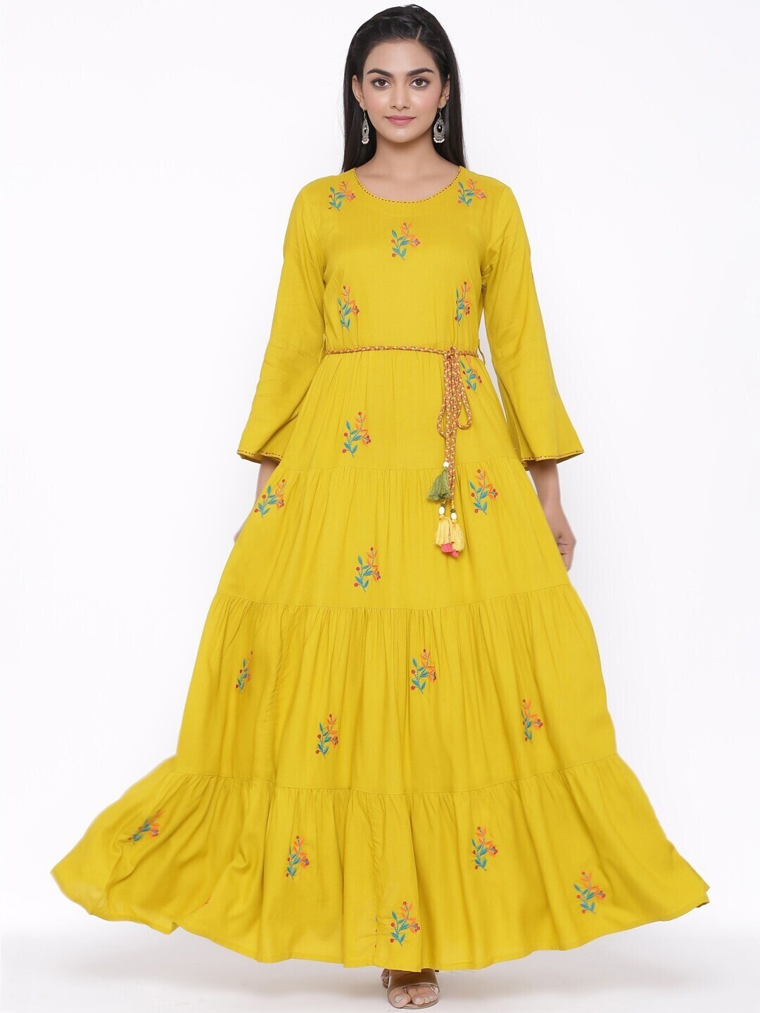

SUTI Mustard Yellow Embellished Bell Sleeve Maxi Dress