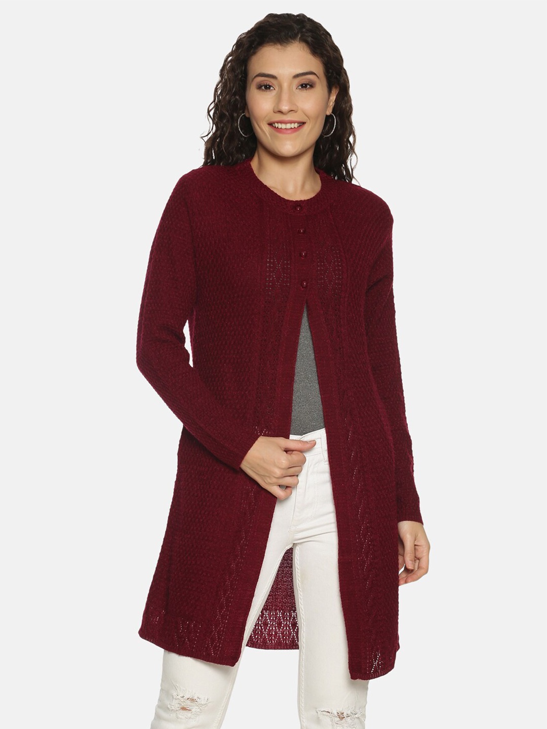 

CLAPTON Open Knit Self Design Longline Cardigan, Maroon