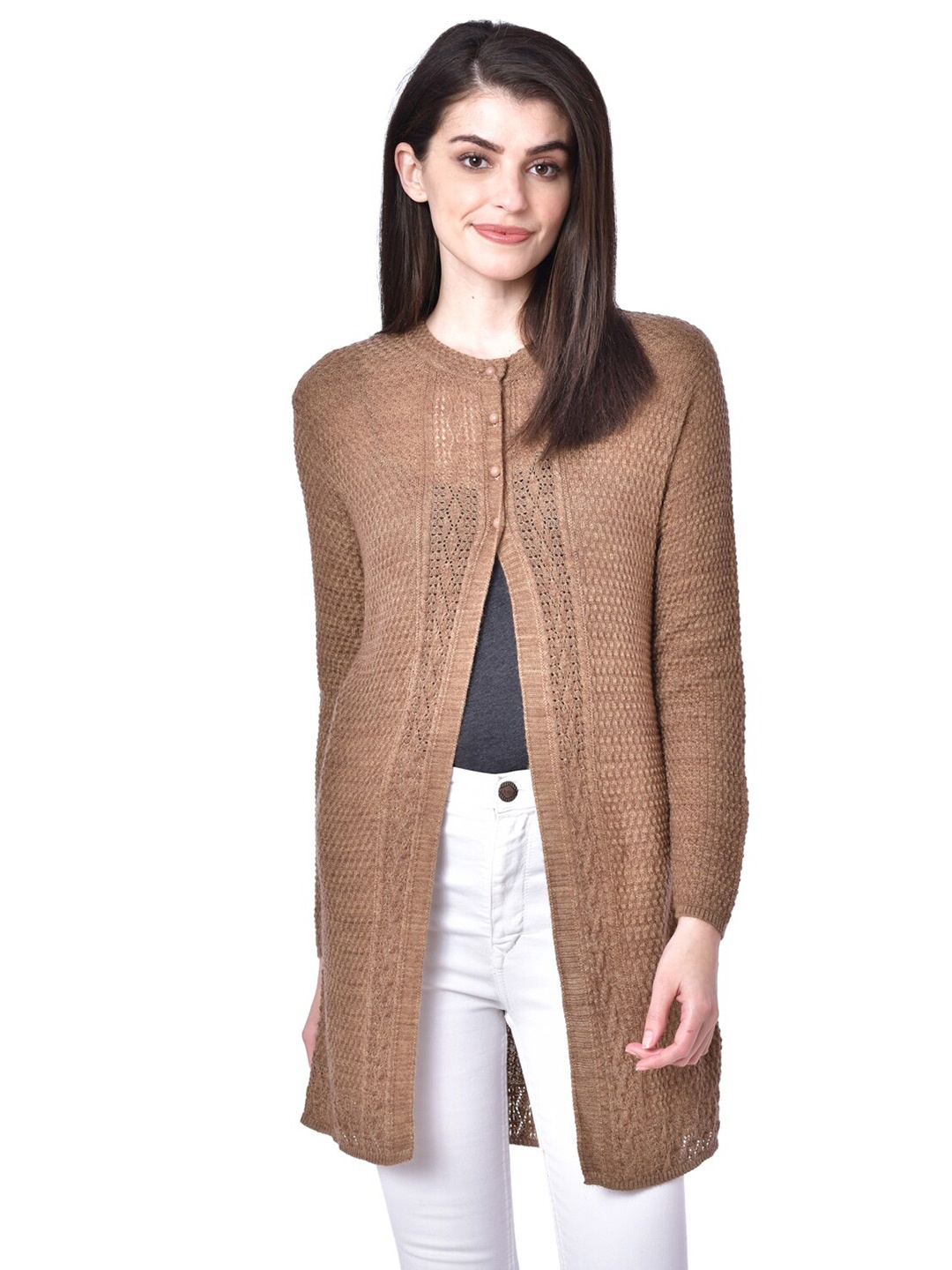 

CLAPTON Open Knit Self Design Woollen Longline Cardigan, Brown