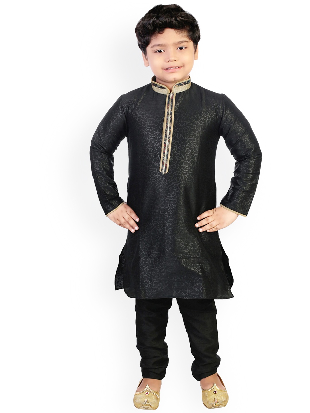 

CELEBRITY CLUB Boys Woven Design Silk Sherwani Set, Black