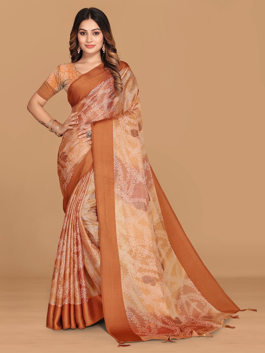 

KALINI Floral Printed Brasso Saree, Orange
