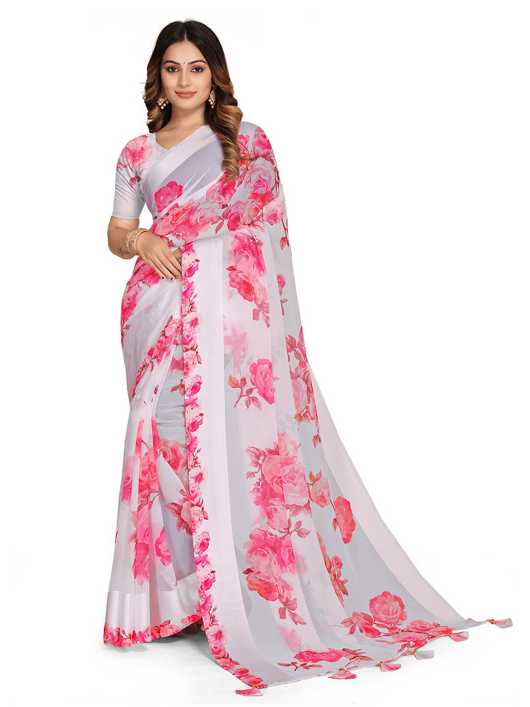 

KALINI Floral Printed Pure Georgette Saree, White