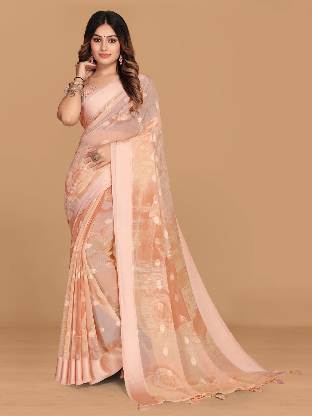 

KALINI Floral Printed Pure Georgette Saree, Peach