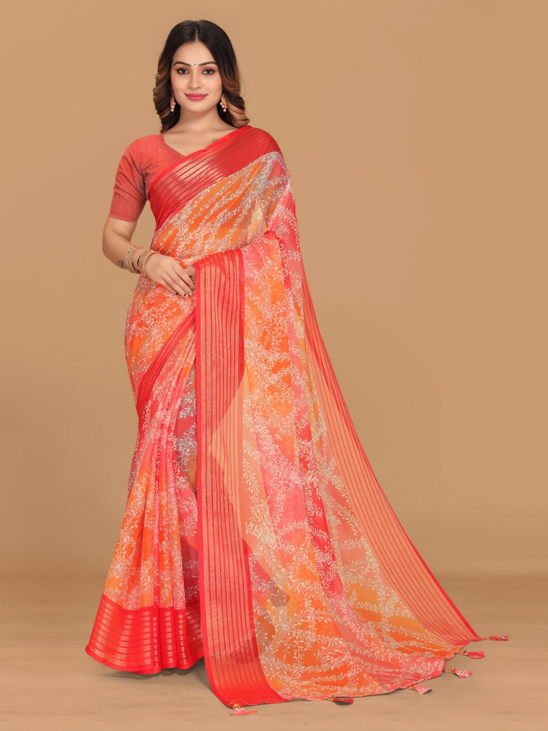 

KALINI Floral Printed Zari Pure Chiffon Saree, Orange