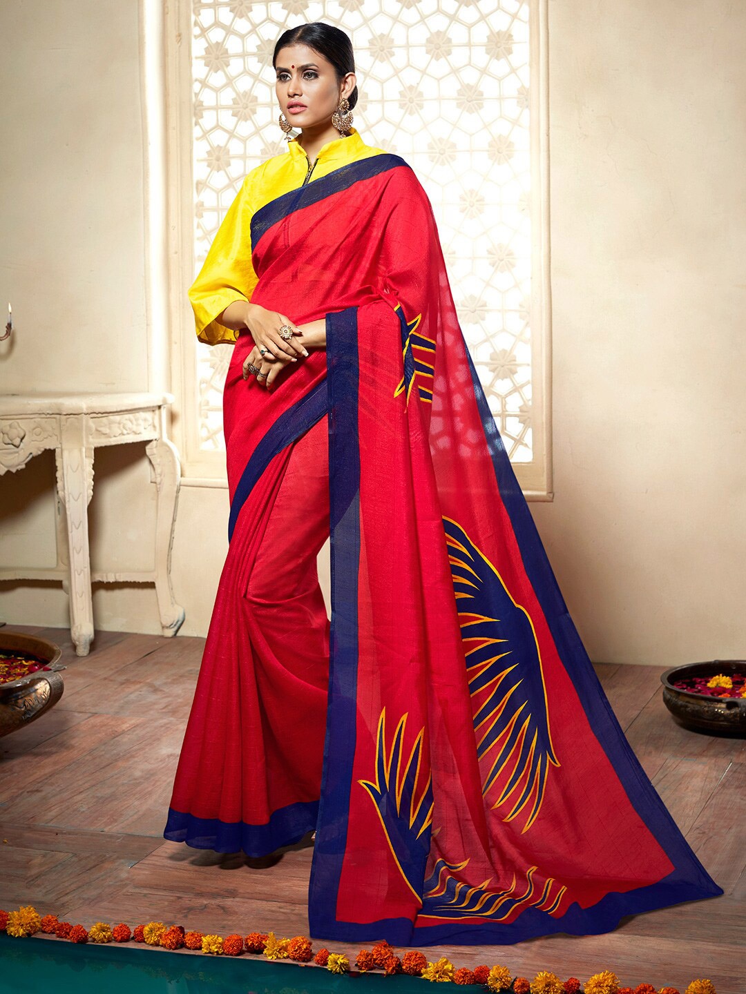 

Shaily Abstract Printed Zari Silk Cotton Saree, Red