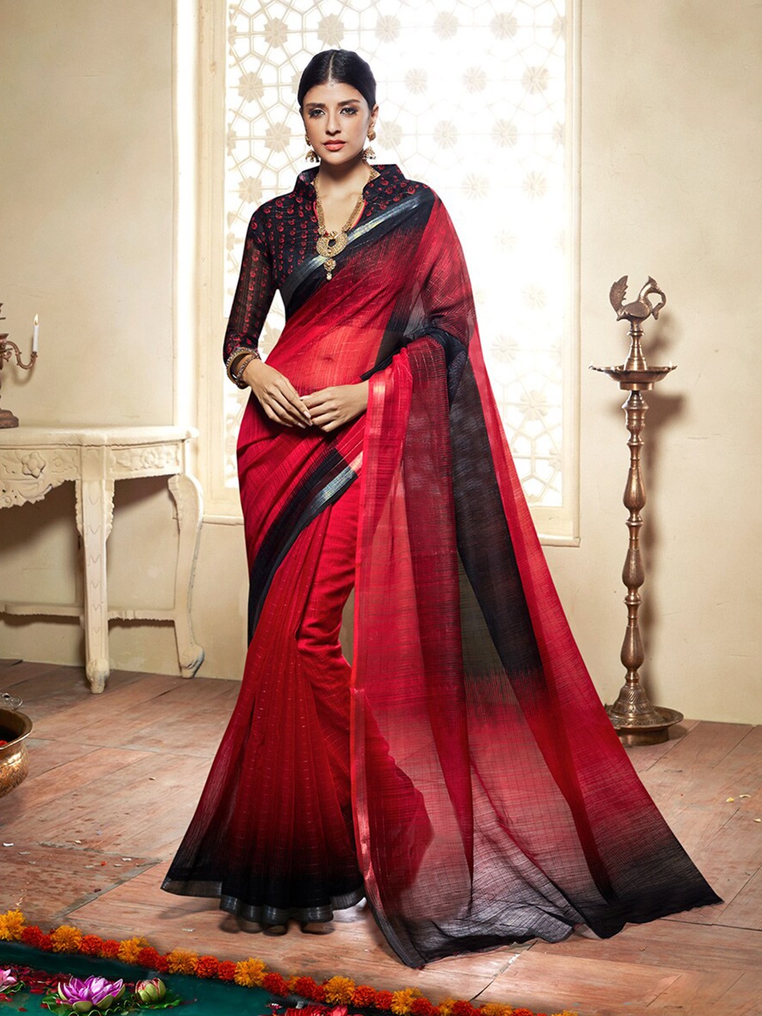 

Shaily Striped Zari Silk Cotton Saree, Red
