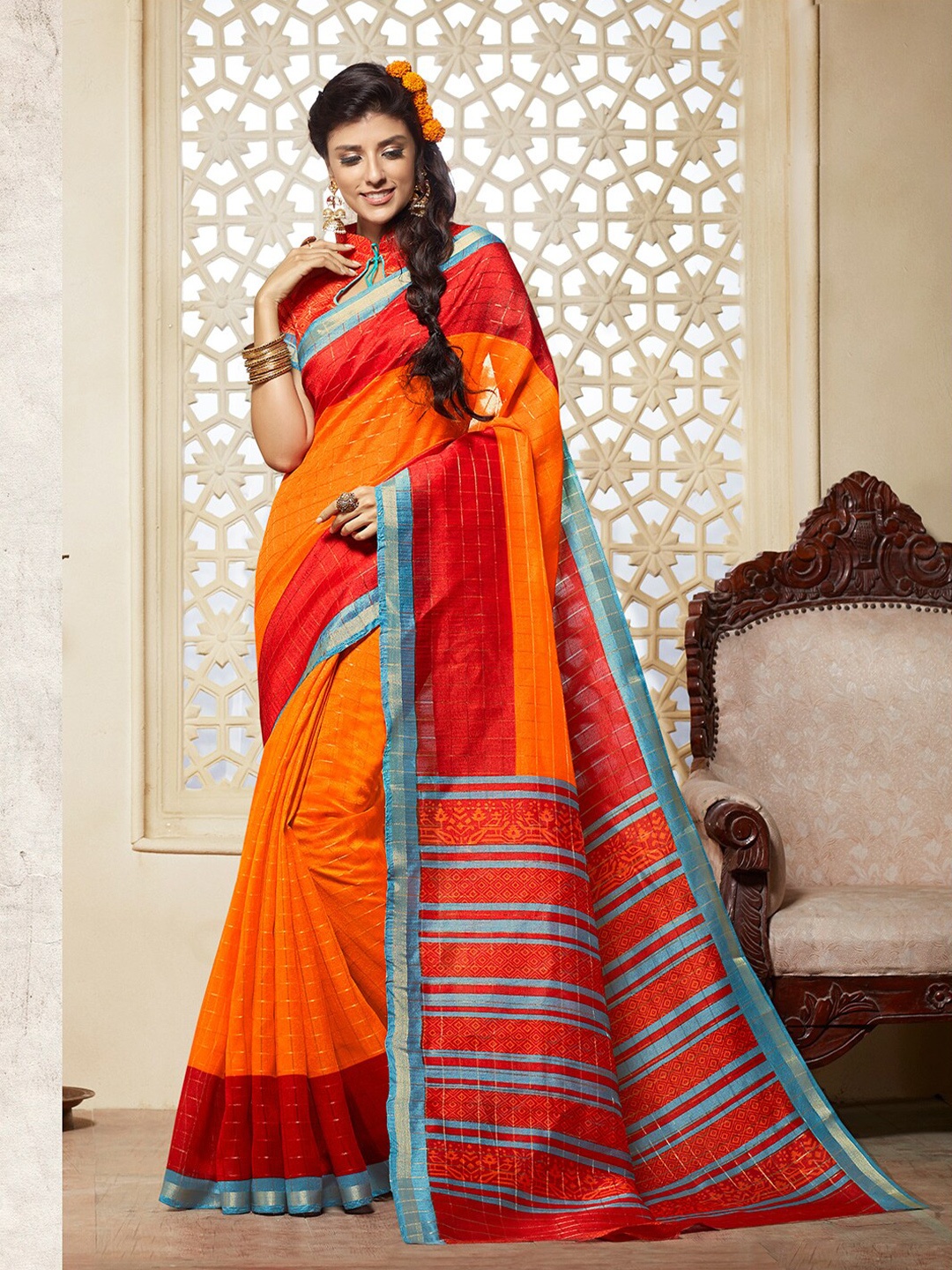 

Shaily Checked Zari Silk Cotton Saree, Orange