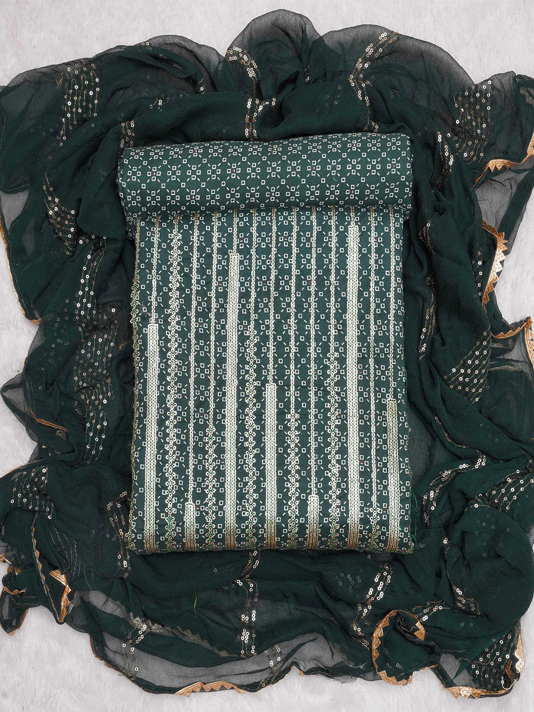 

KALINI Floral Embroidered Sequinned Unstitched Dress Material, Green