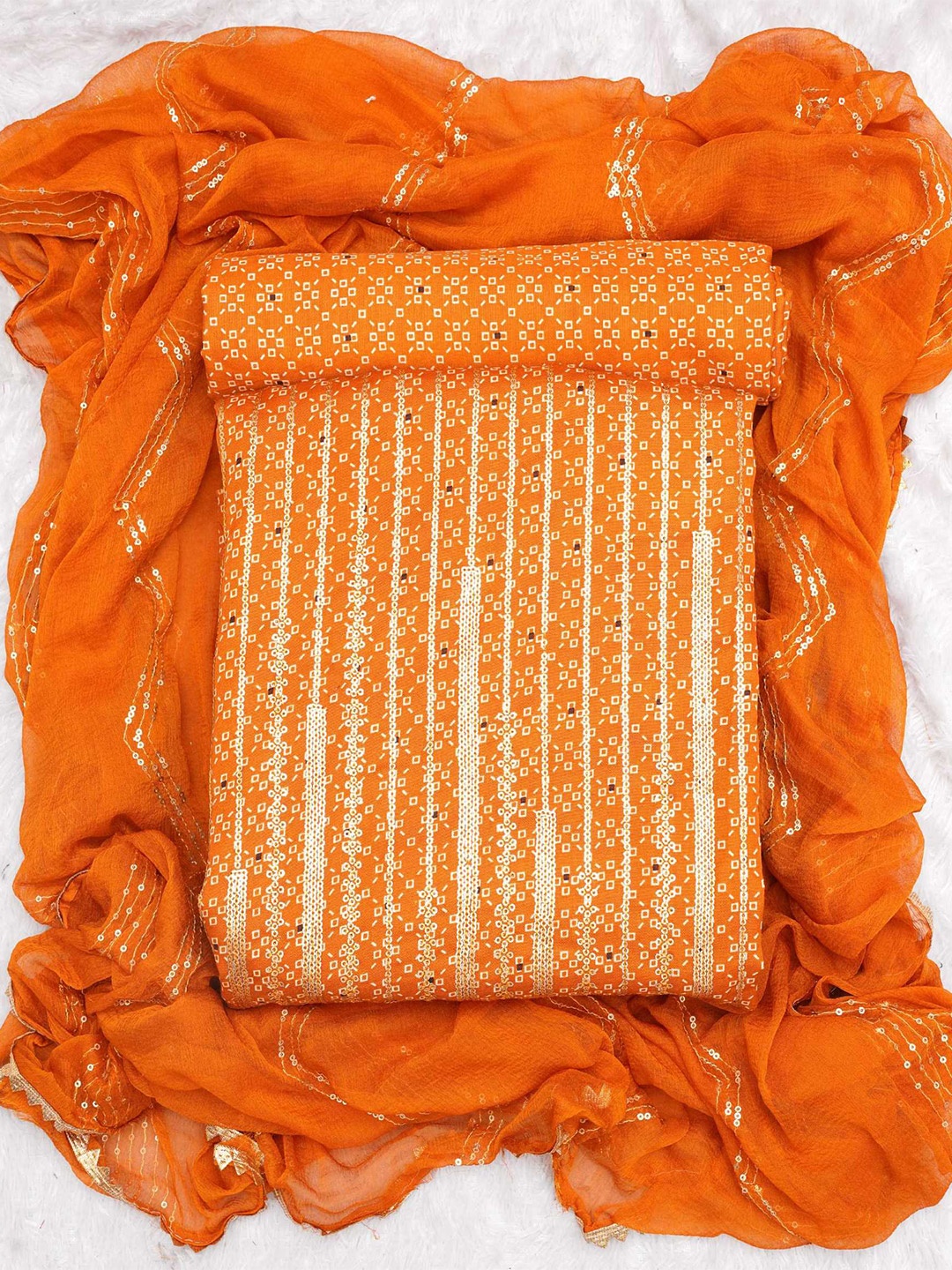 

KALINI Floral Embroidered Sequinned Unstitched Dress Material, Orange