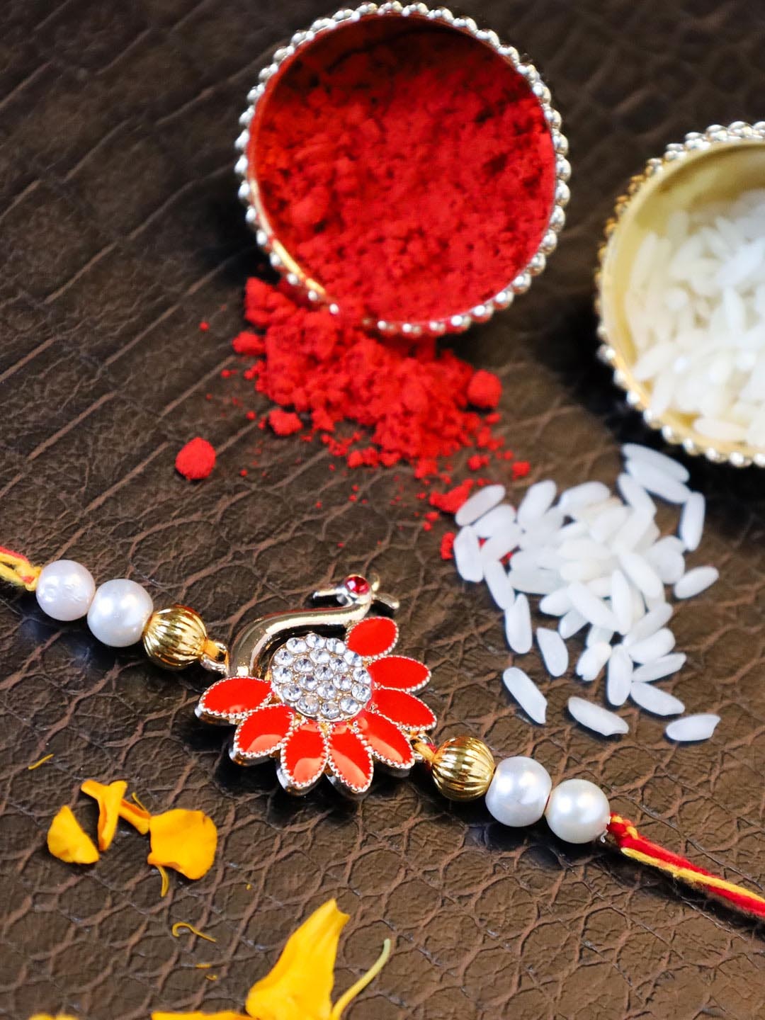 

AccessHer Pearl Enamel Peacock Charm Rakhi, Red