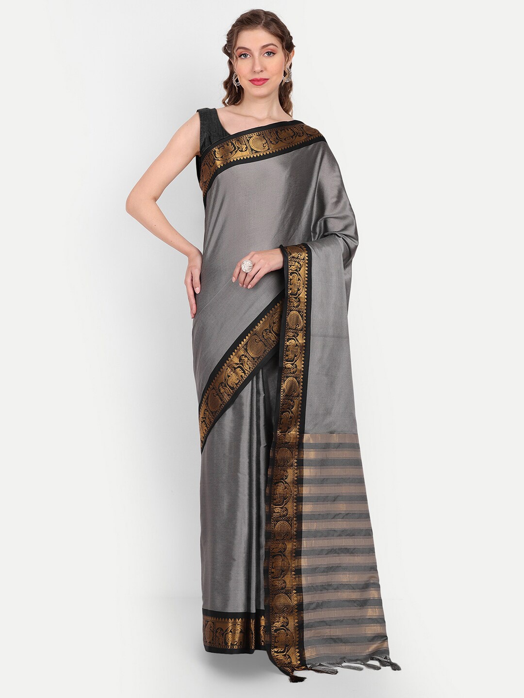 

Paramparik Textile Zari Silk Cotton Banarasi Saree, Grey