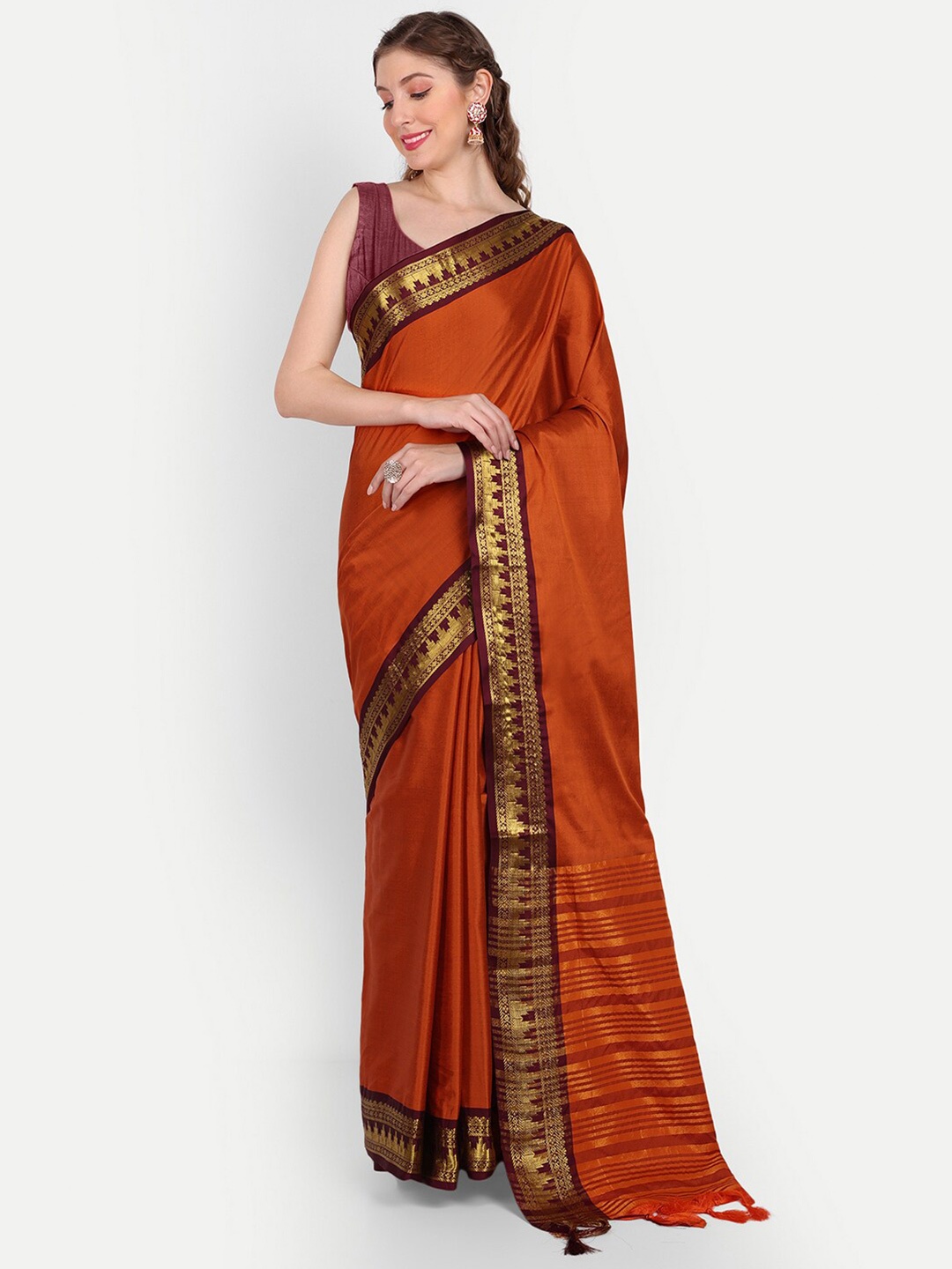 

Paramparik Textile Zari Silk Cotton Banarasi Saree, Orange