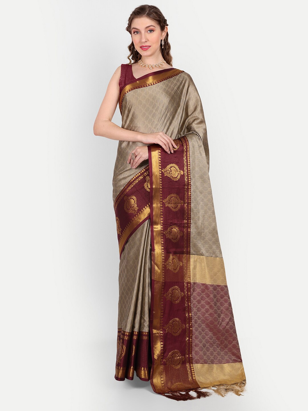 

Paramparik Textile Woven Design Zari Silk Cotton Banarasi Saree, Beige