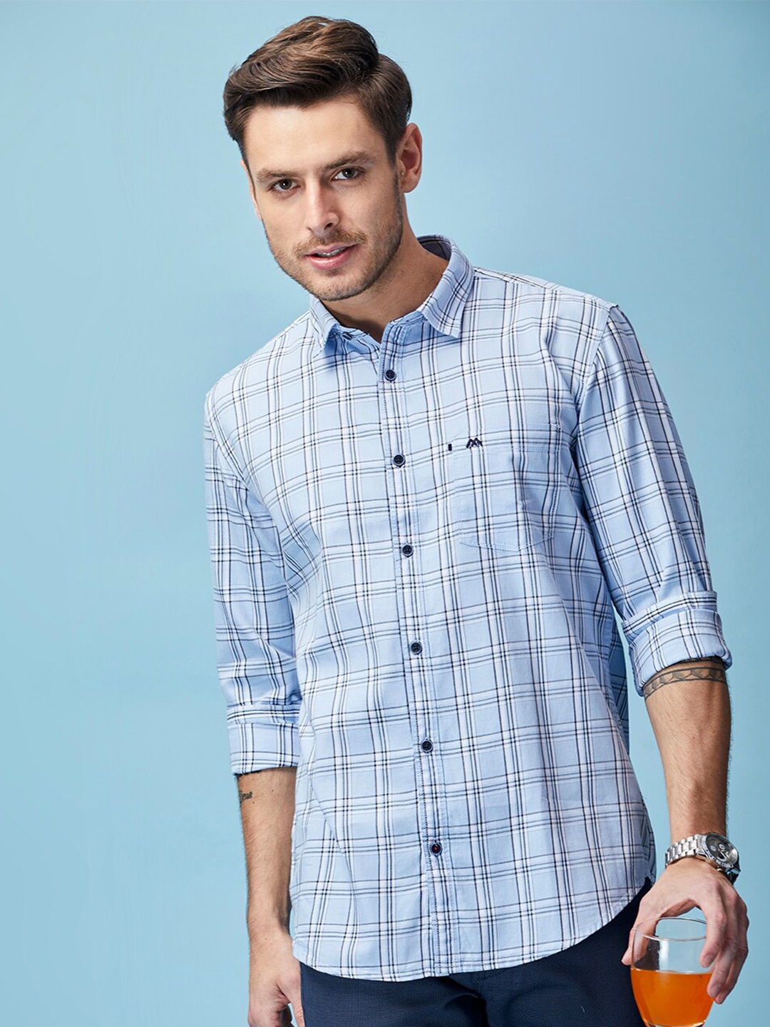 

MOZZO Classic Slim Fit Opaque Checked Cotton Casual Shirt, Blue