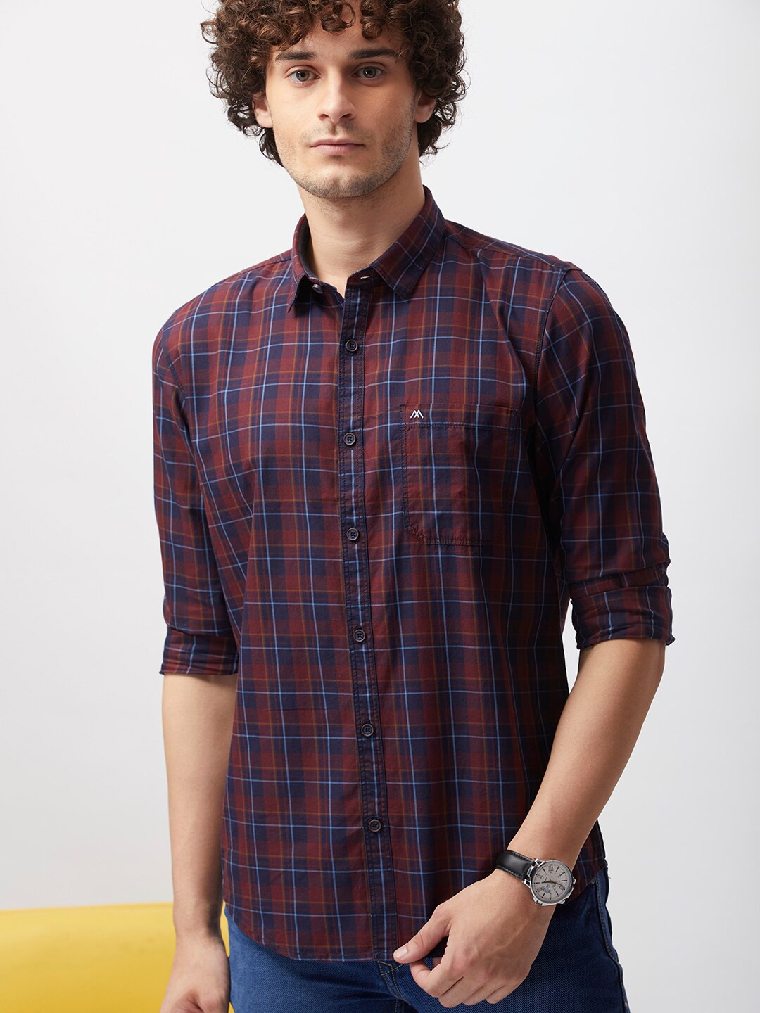 

MOZZO Tartan Checked Classic Slim Fit Cotton Casual Shirt, Brown