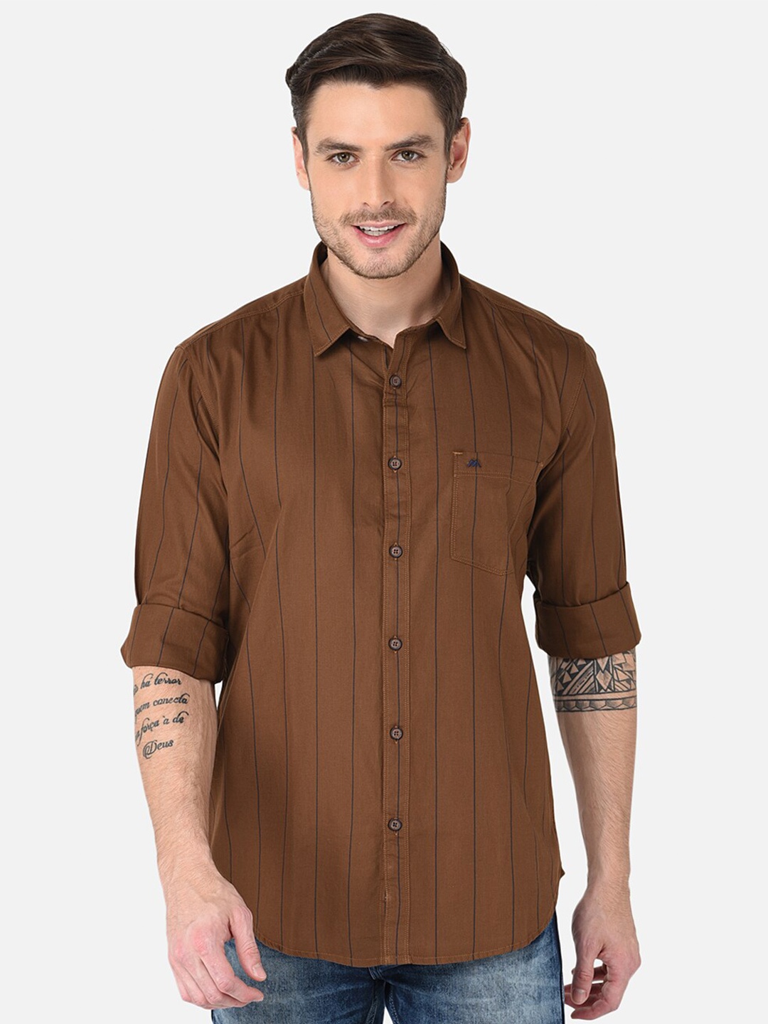 

MOZZO Vertical Striped Classic Slim Fit Cotton Casual Shirt, Brown