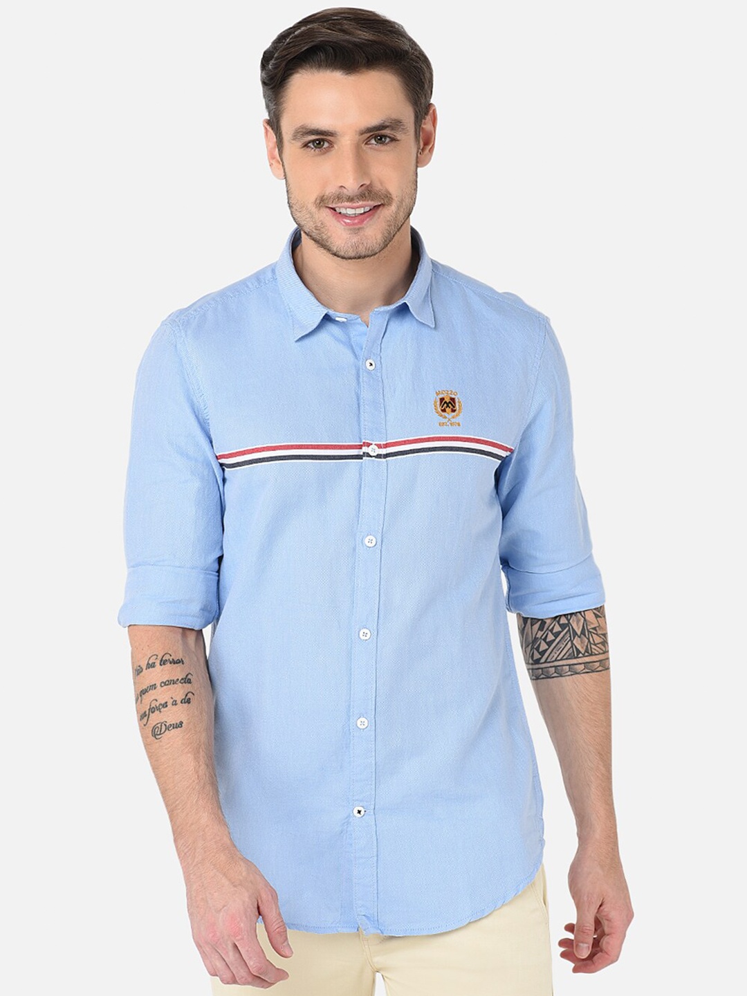 

MOZZO Spread Collar Classic Slim Fit Cotton Casual Shirt, Blue