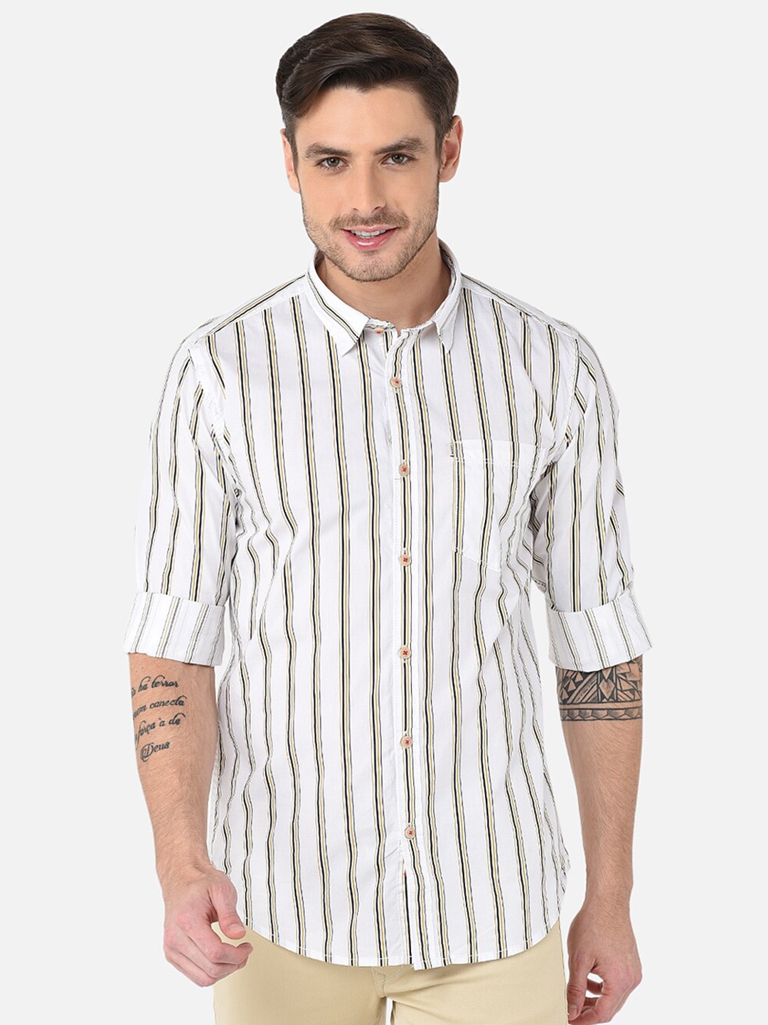 

MOZZO Vertical Striped Classic Slim Fit Cotton Casual Shirt, White
