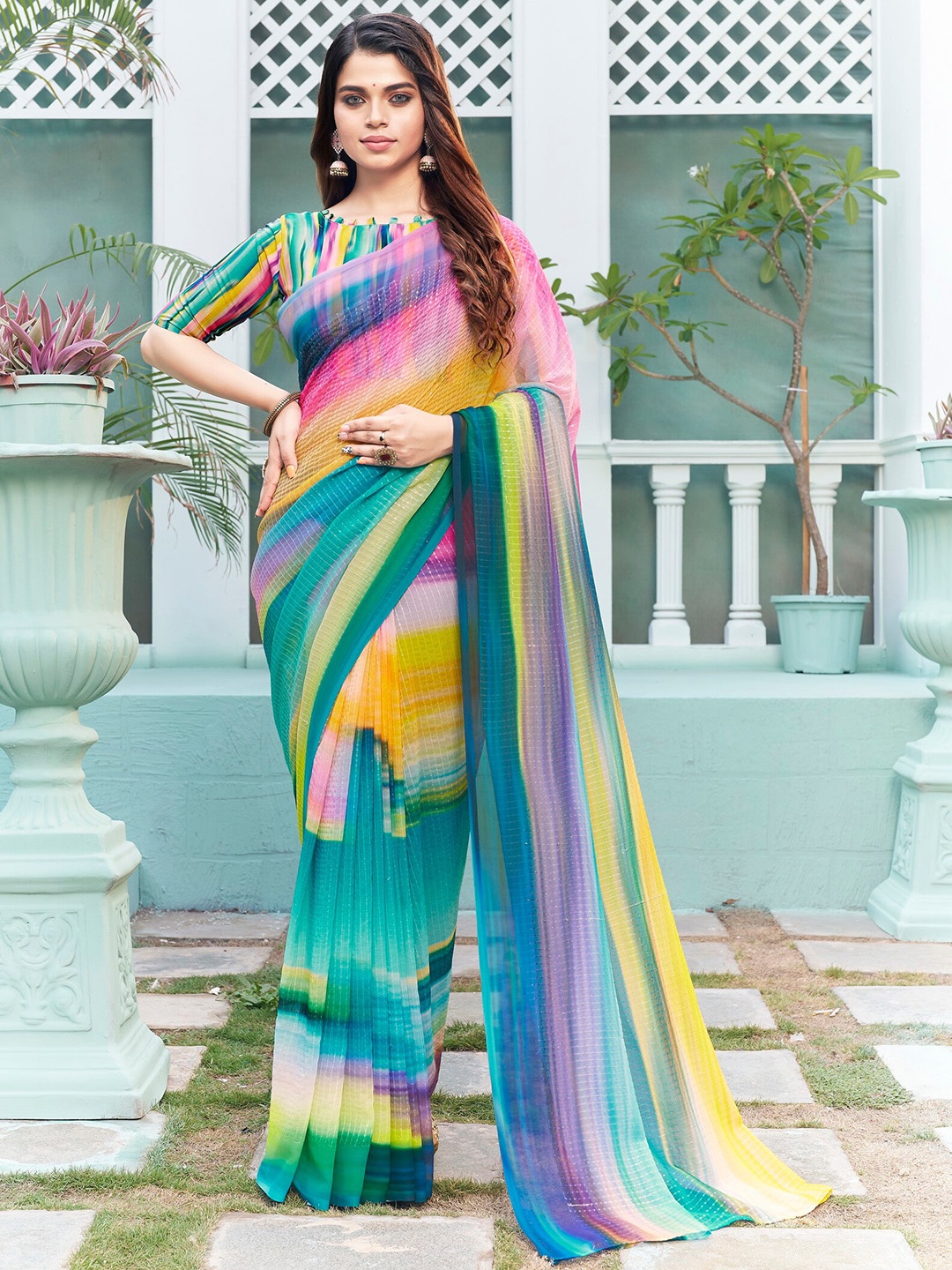 

SARIYA Striped Sequinned Pure Georgette Saree, Blue