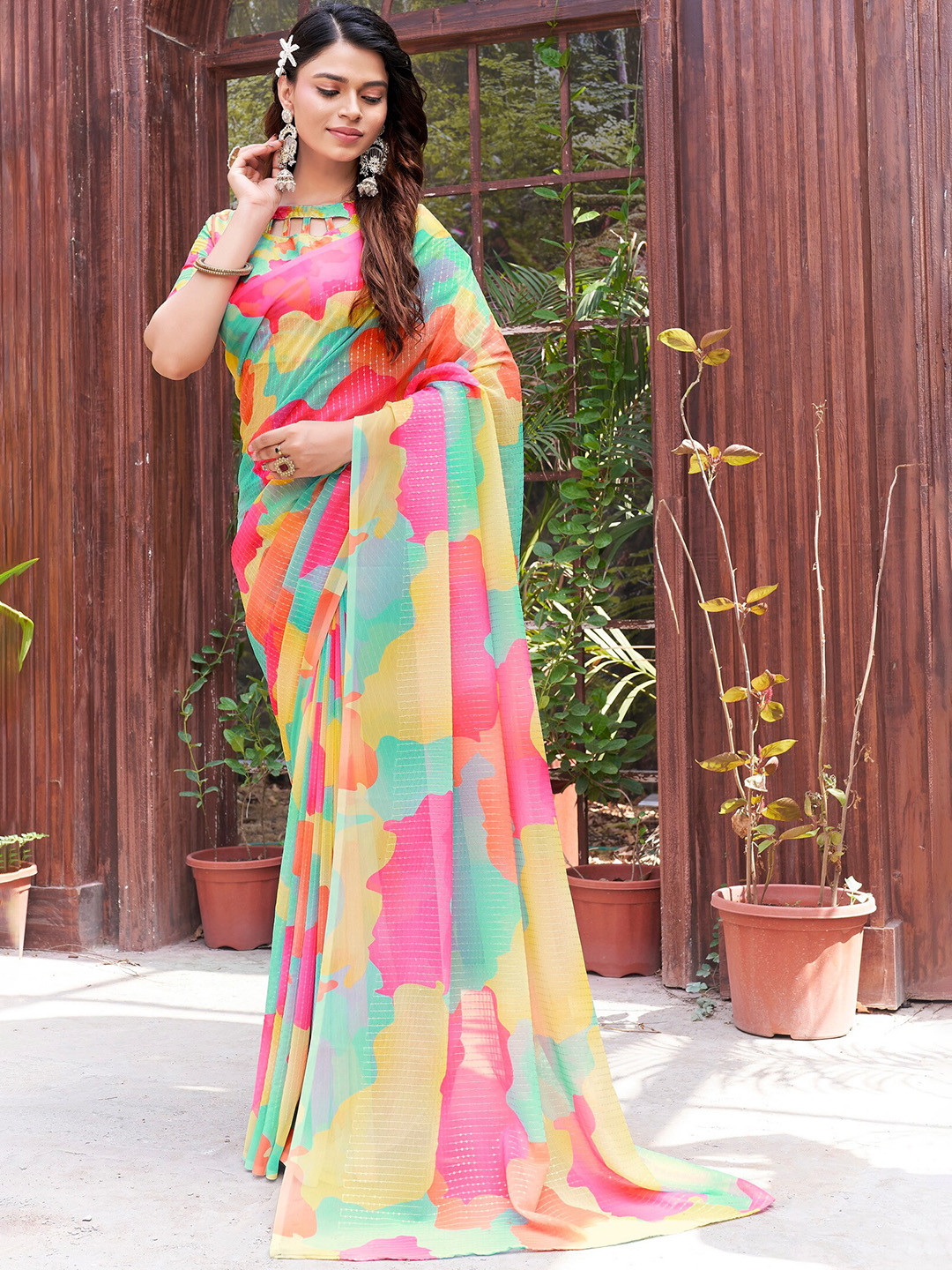 

SARIYA Abstract Printed Sequinned Pure Georgette Saree, Steel