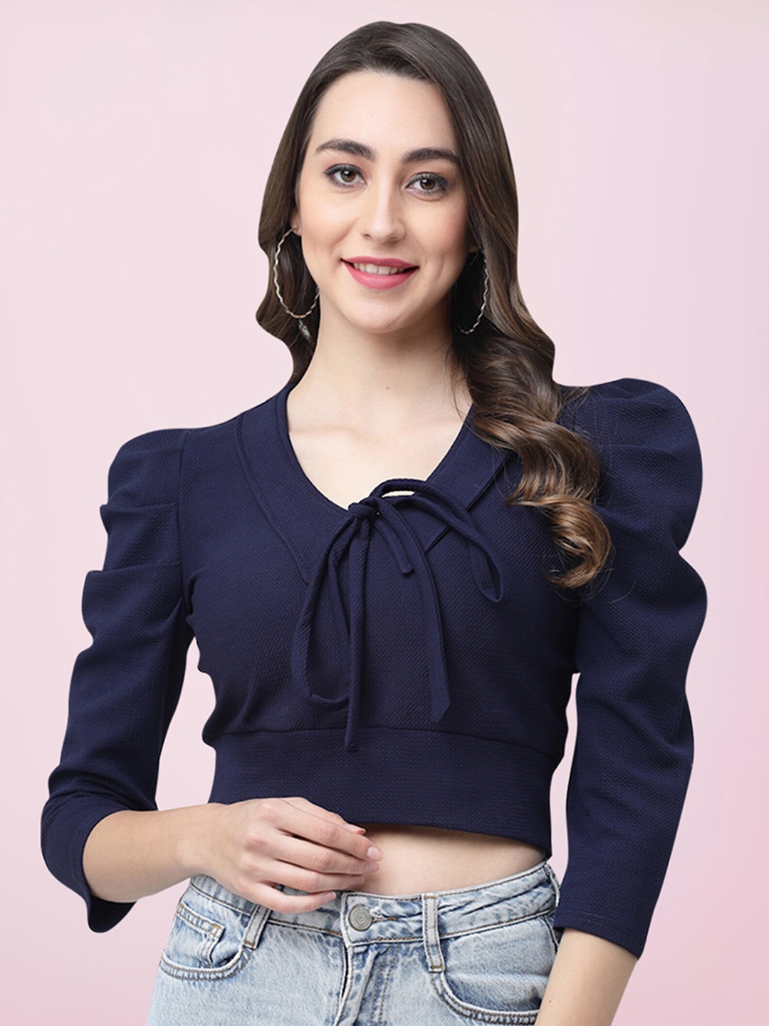 

BAESD Tie-Up Neck Puff Sleeve Regular Crop Top, Navy blue