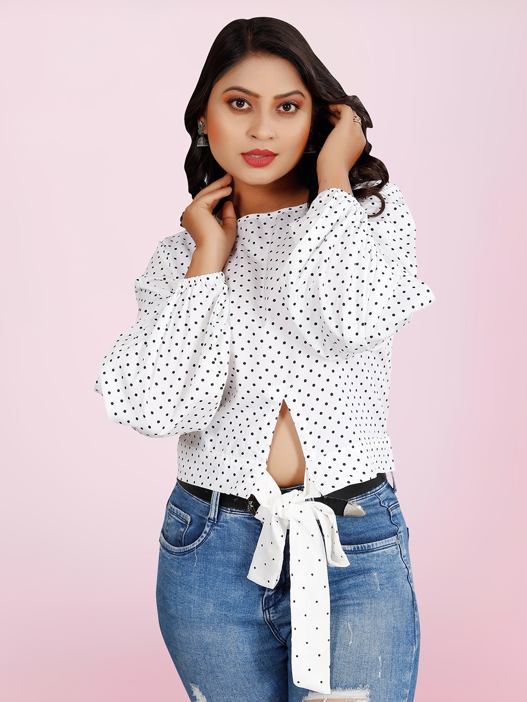 

BAESD Polka Dot Printed Waist Tie Ups Top, White