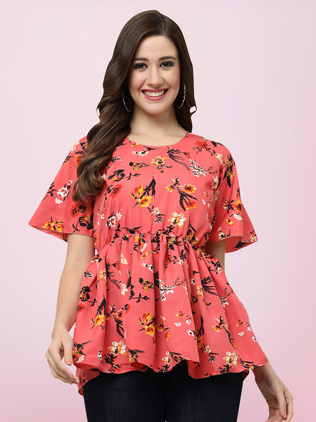 

BAESD Floral Printed Kimono Sleeve Crepe Cinched Waist Top, Pink