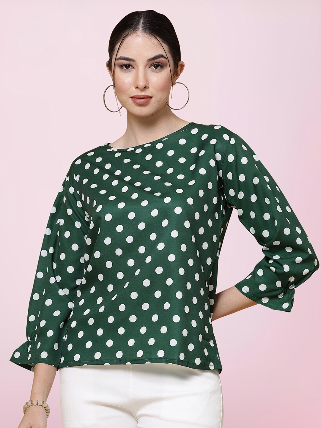 

BAESD Polka Dot Printed Round Neck Crepe Top, Green