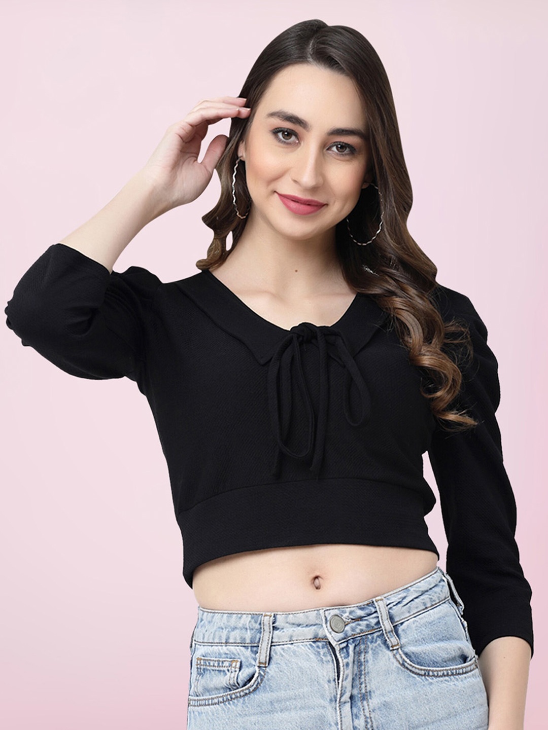 

BAESD Tie-Up Neck Puff Sleeves Cotton Fitted Crop Top, Black