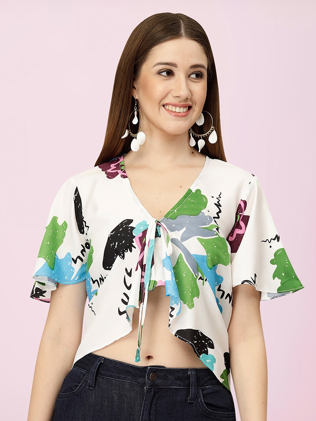 

BAESD Abstract Printed Flared Sleeve Crepe High-Low Crop Top, White