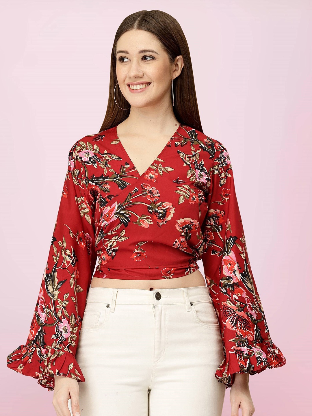 

BAESD Floral Printed Flared Sleeve Wrap Crop Top, Red