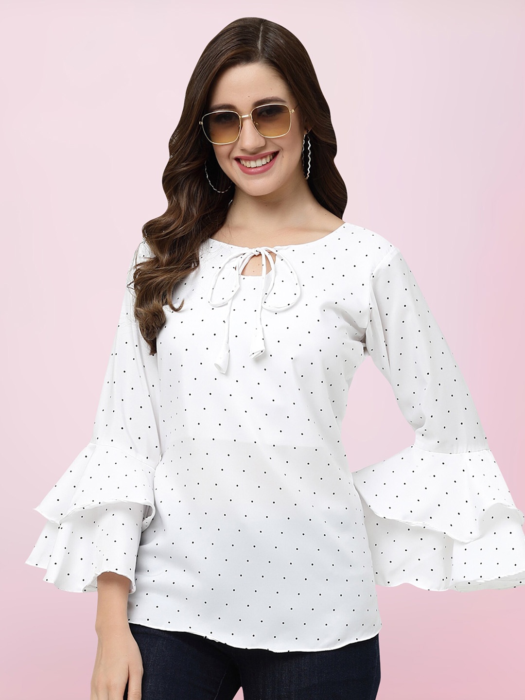 

BAESD Polka Dot Printed Tie-Up Neck Bell Sleeves Crepe Top, White