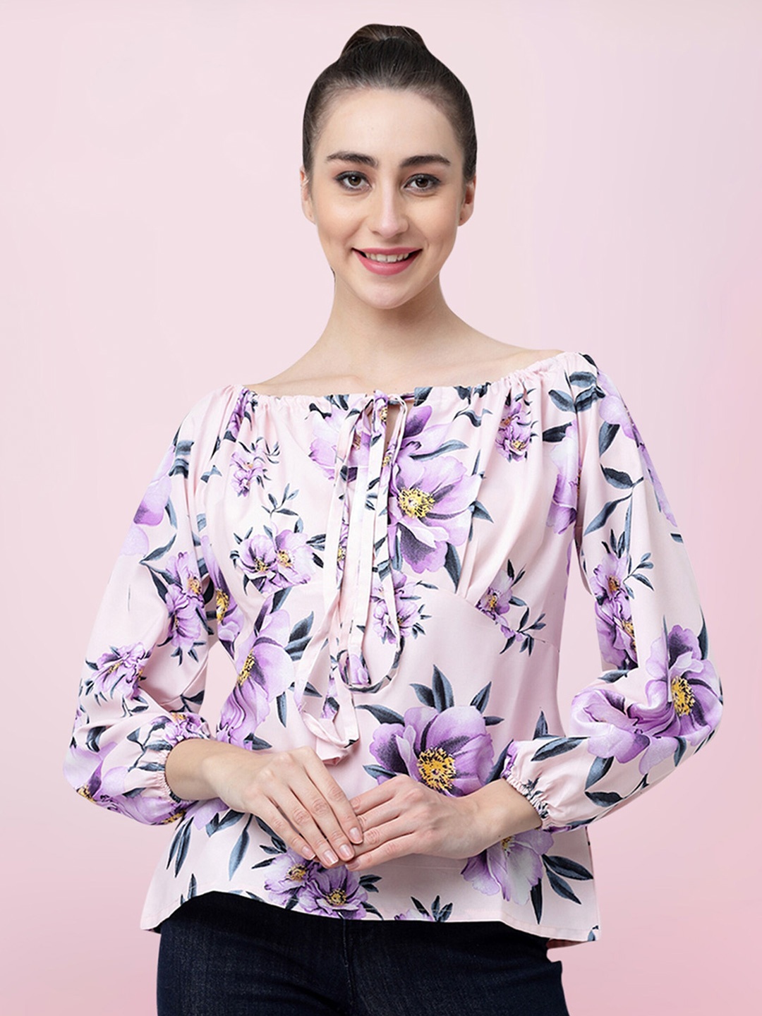 

BAESD Floral Printed Tie-Up Neck Crepe Top, Pink