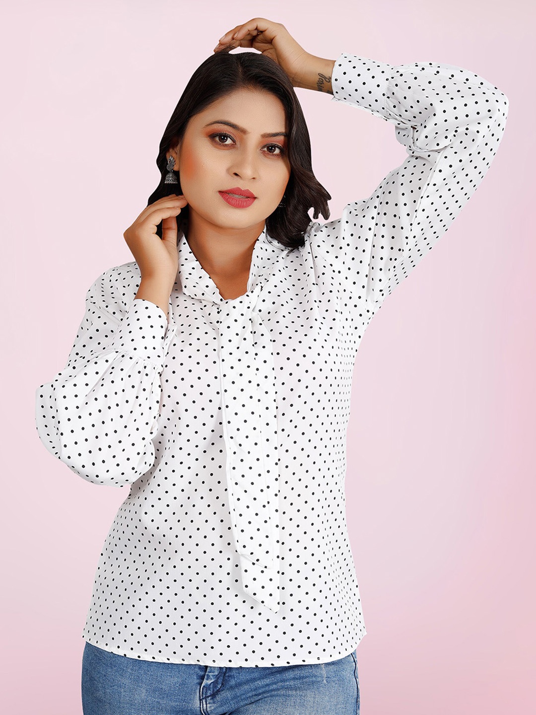 

BAESD Polka Dots Printed Mandarin Collar Top, White