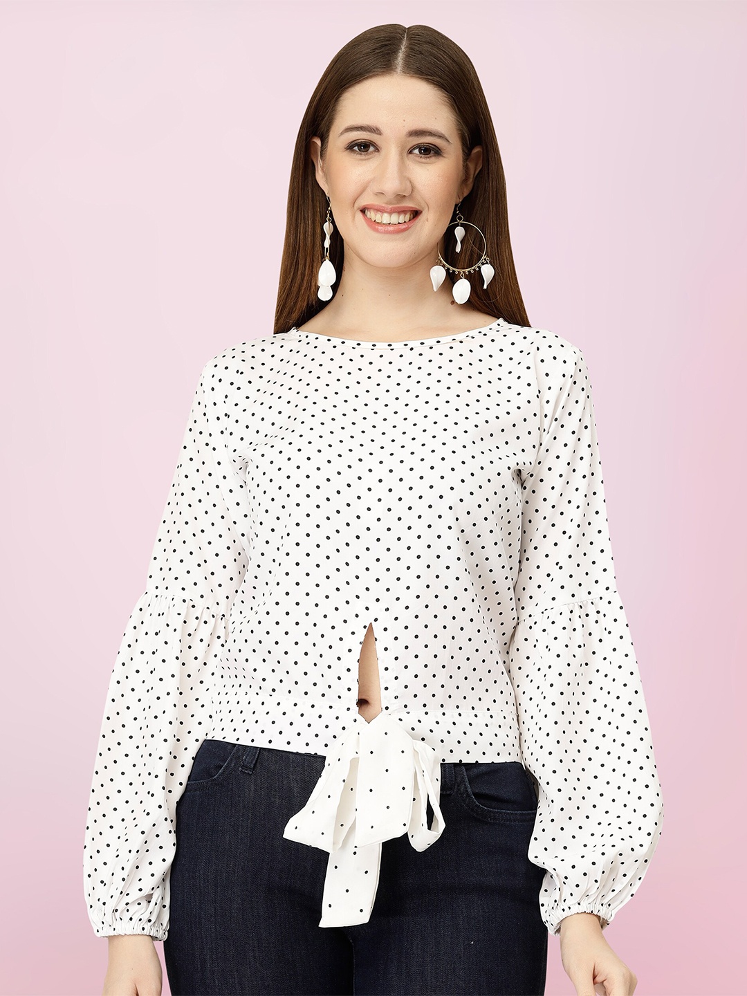 

BAESD Polka Dots Printed Puff Sleeves Top, White