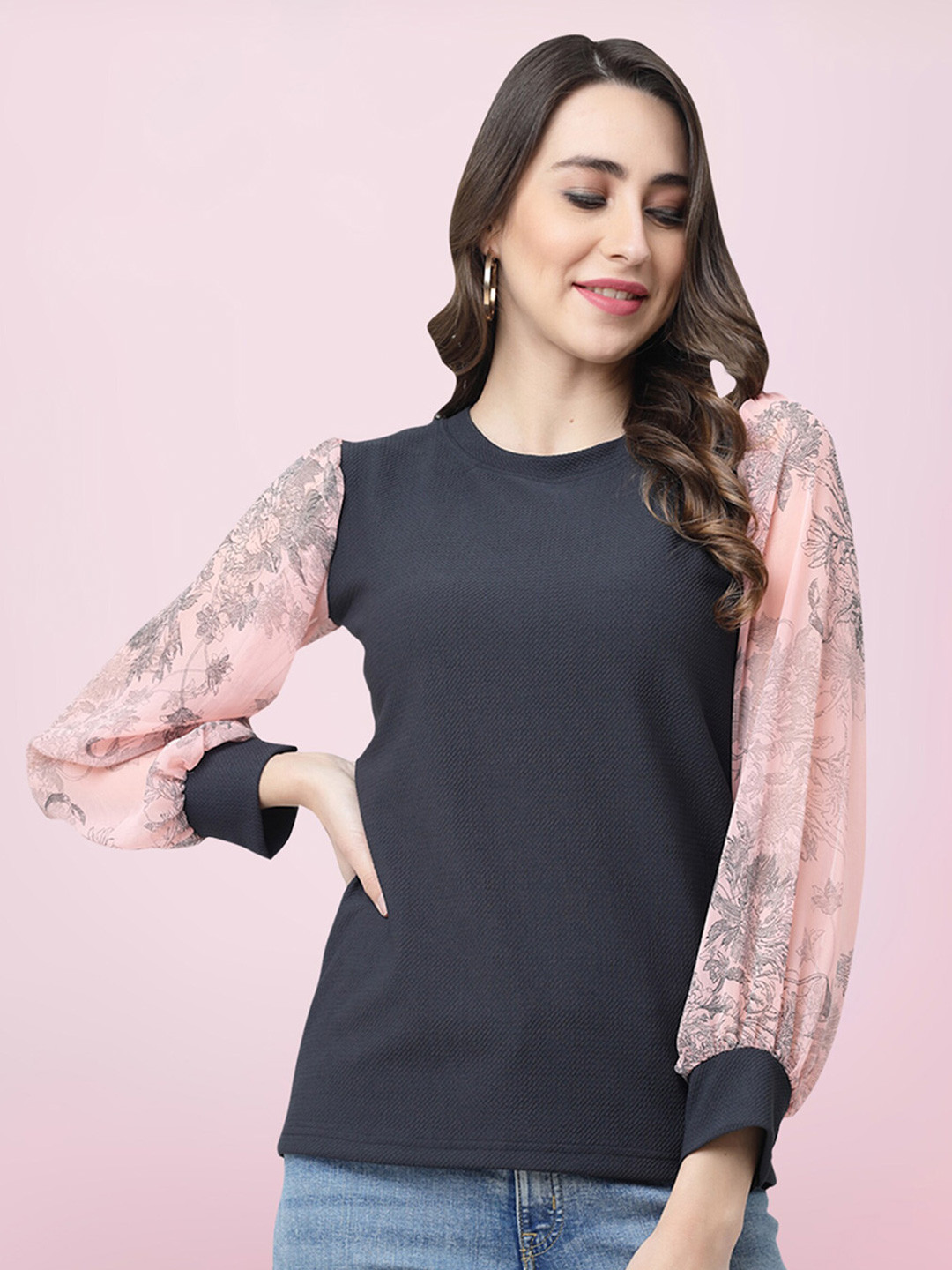 

BAESD Round Neck Cuffed Sleeves Cotton Top, Grey