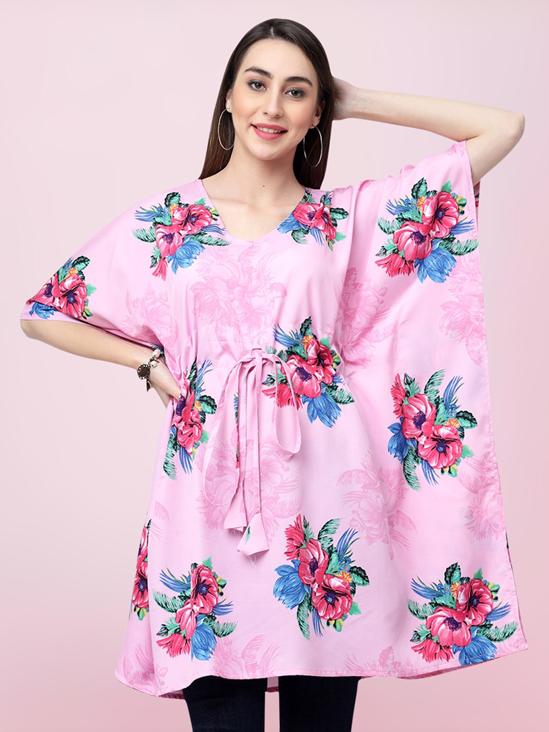 

BAESD Floral Printed Extended Sleeves Tie-Ups Detail Longline Kaftan Top, Pink