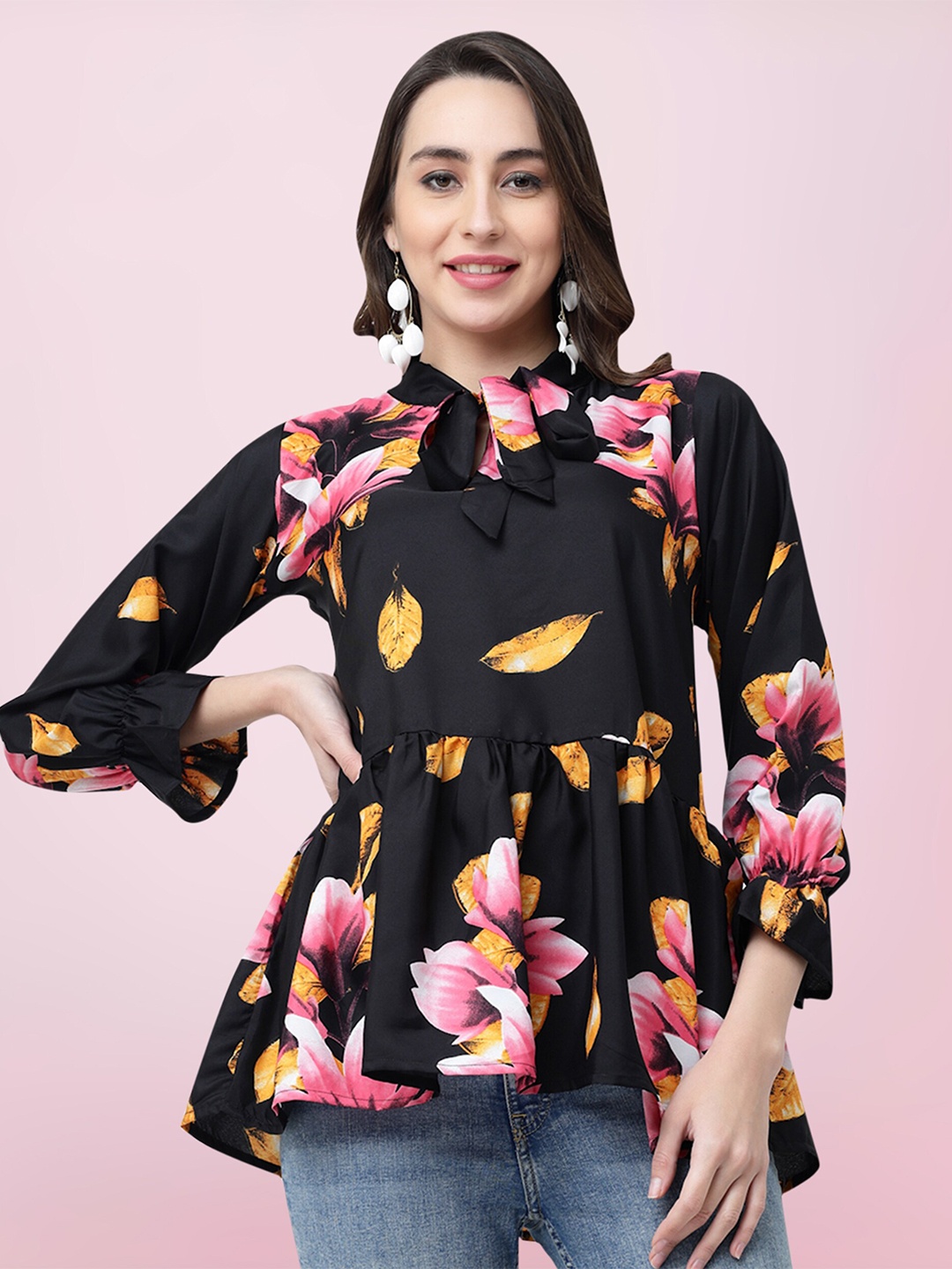 

BAESD Floral Printed Tie-Up Neck Peplum Top, Black