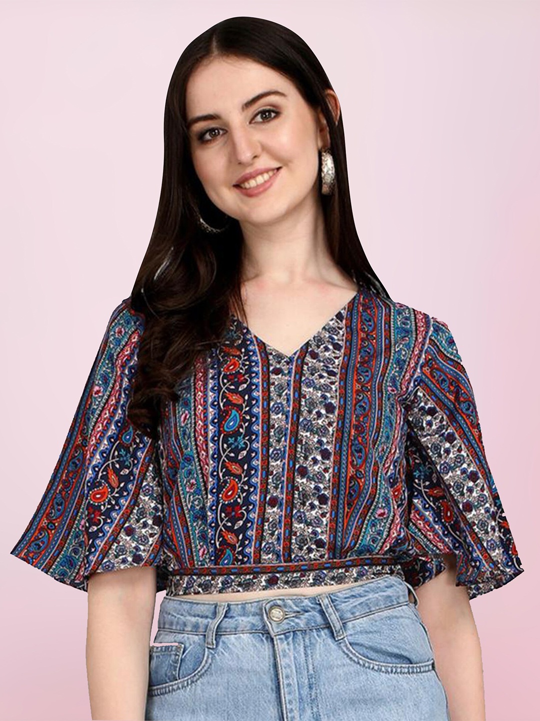 

BAESD Ethnic Motifs Printed Blouson Crop Top, Black