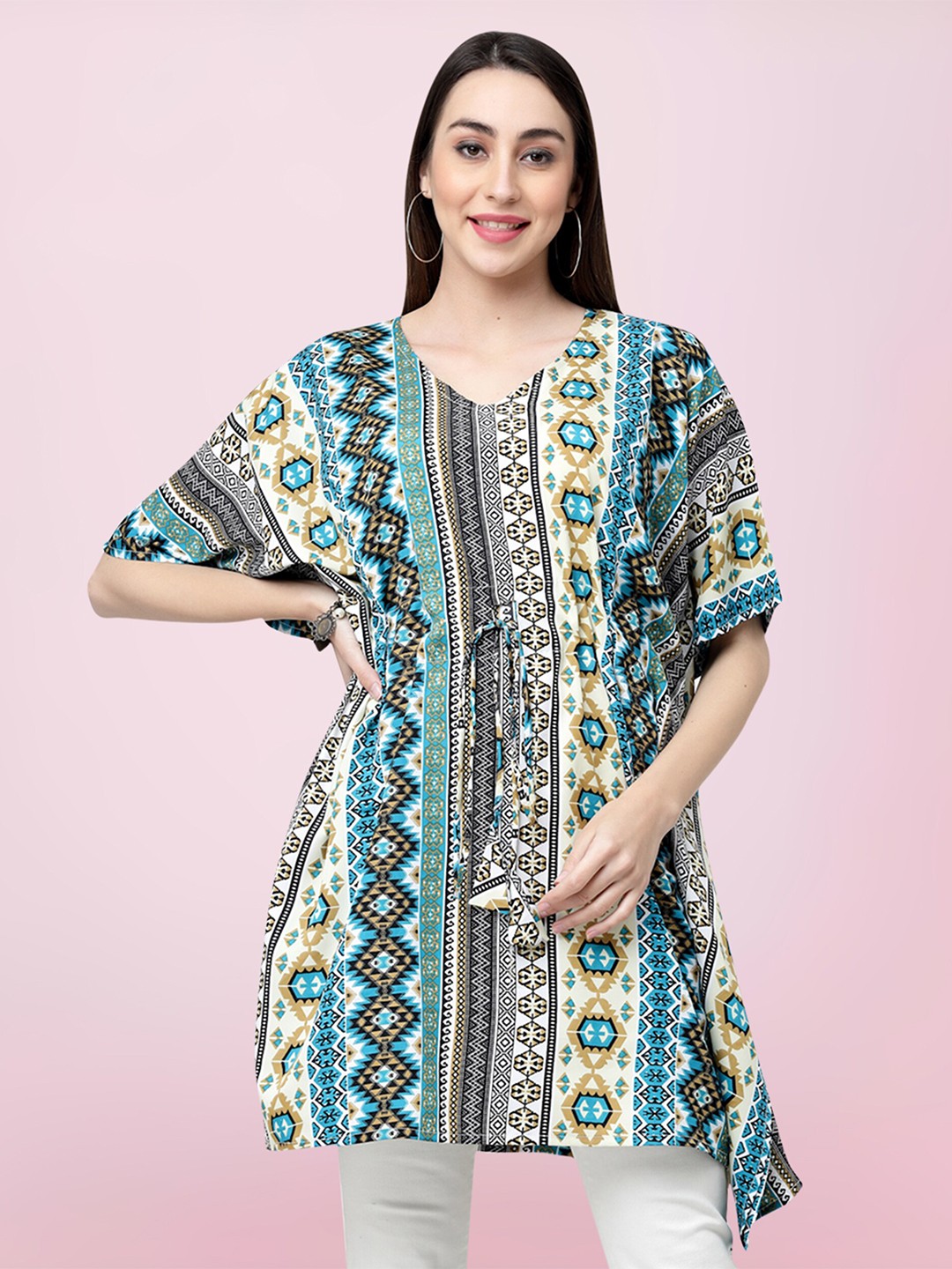 

BAESD Ethnic Motifs Printed Kimono Sleeves Kaftan Top, Green