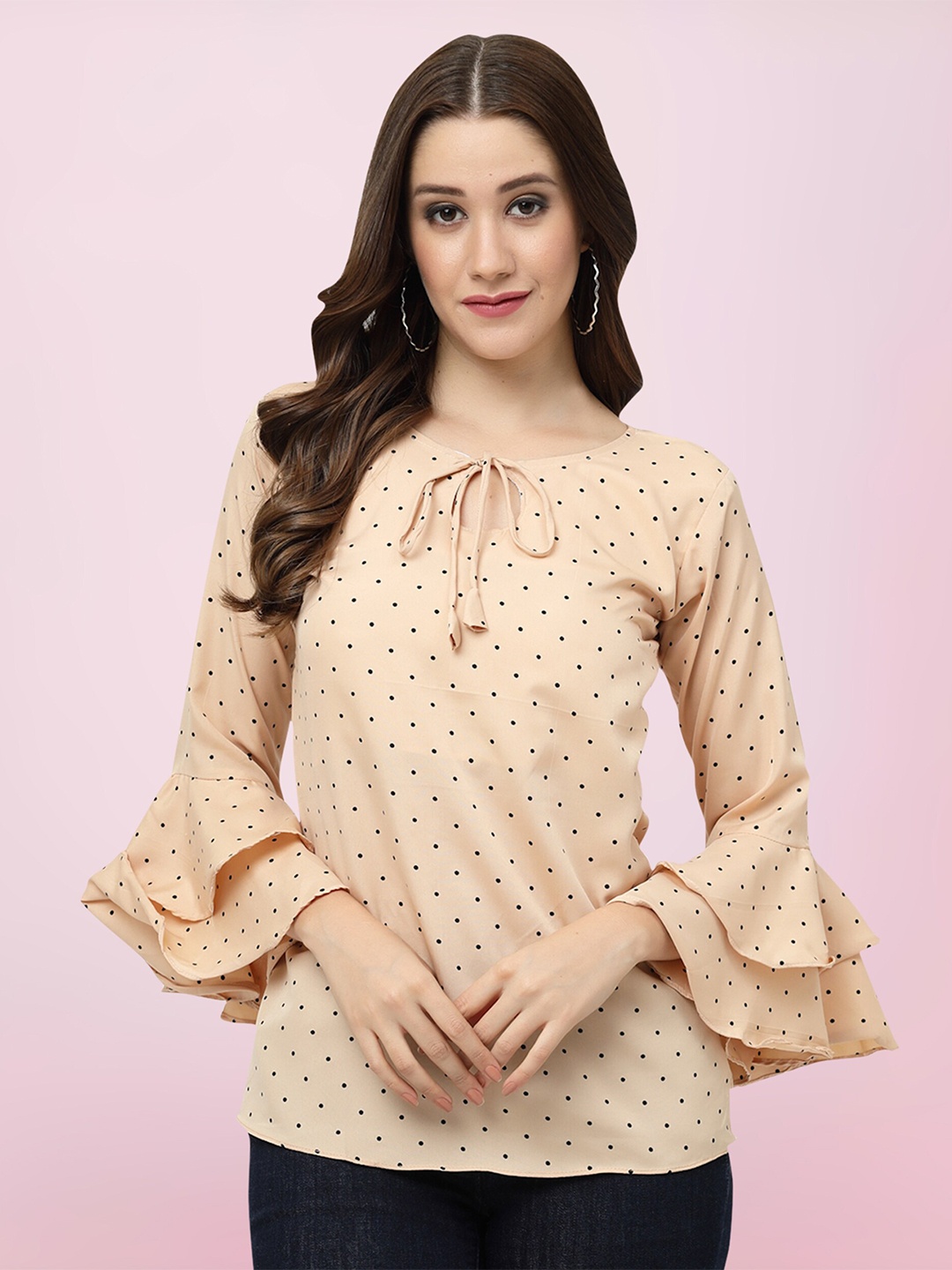 

BAESD Polka Dot Printed Tie-Up Neck Bell Sleeves Top, Cream