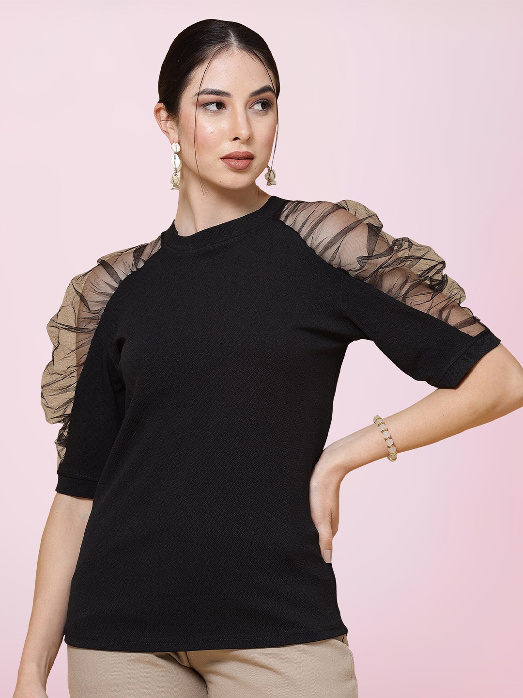 

BAESD High Neck Raglan Sleeves Gathered Detail Top, Black
